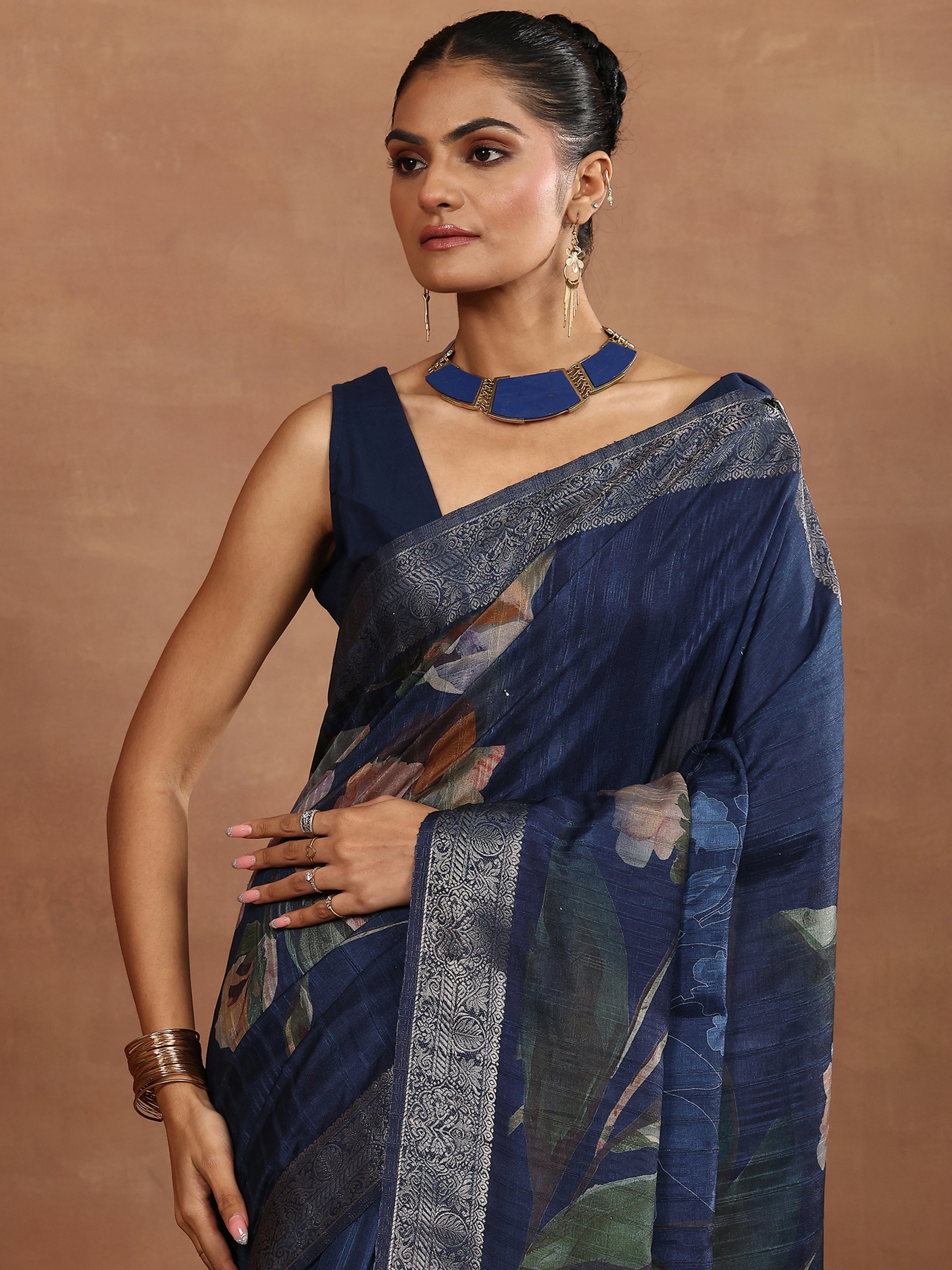 Blue Printed Silk Blend Sarees With Unstitched Blouse Piece