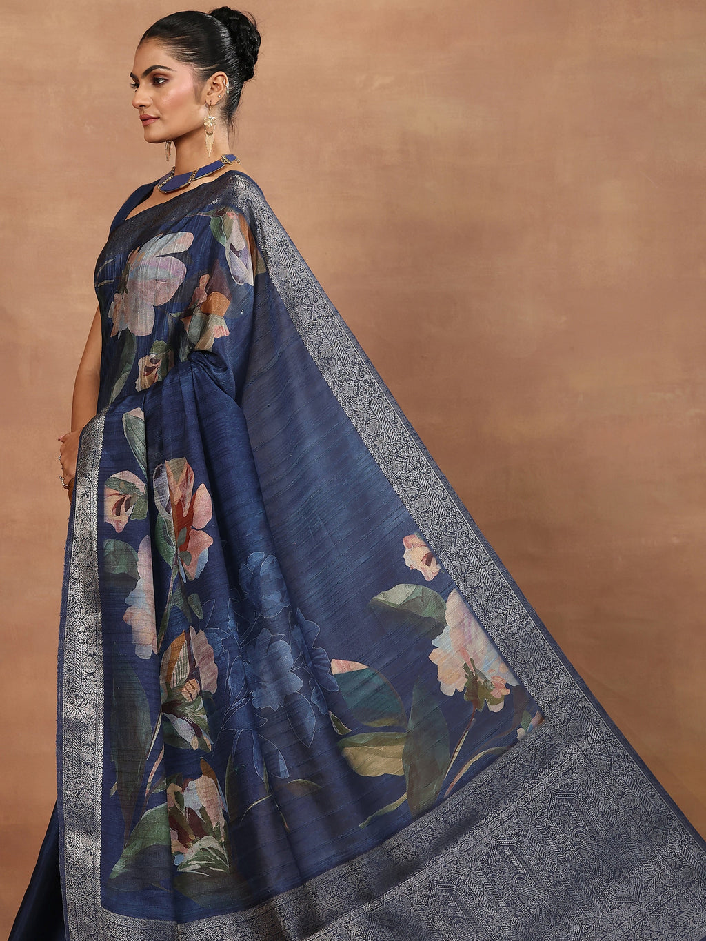 Blue Printed Silk Blend Sarees With Unstitched Blouse Piece