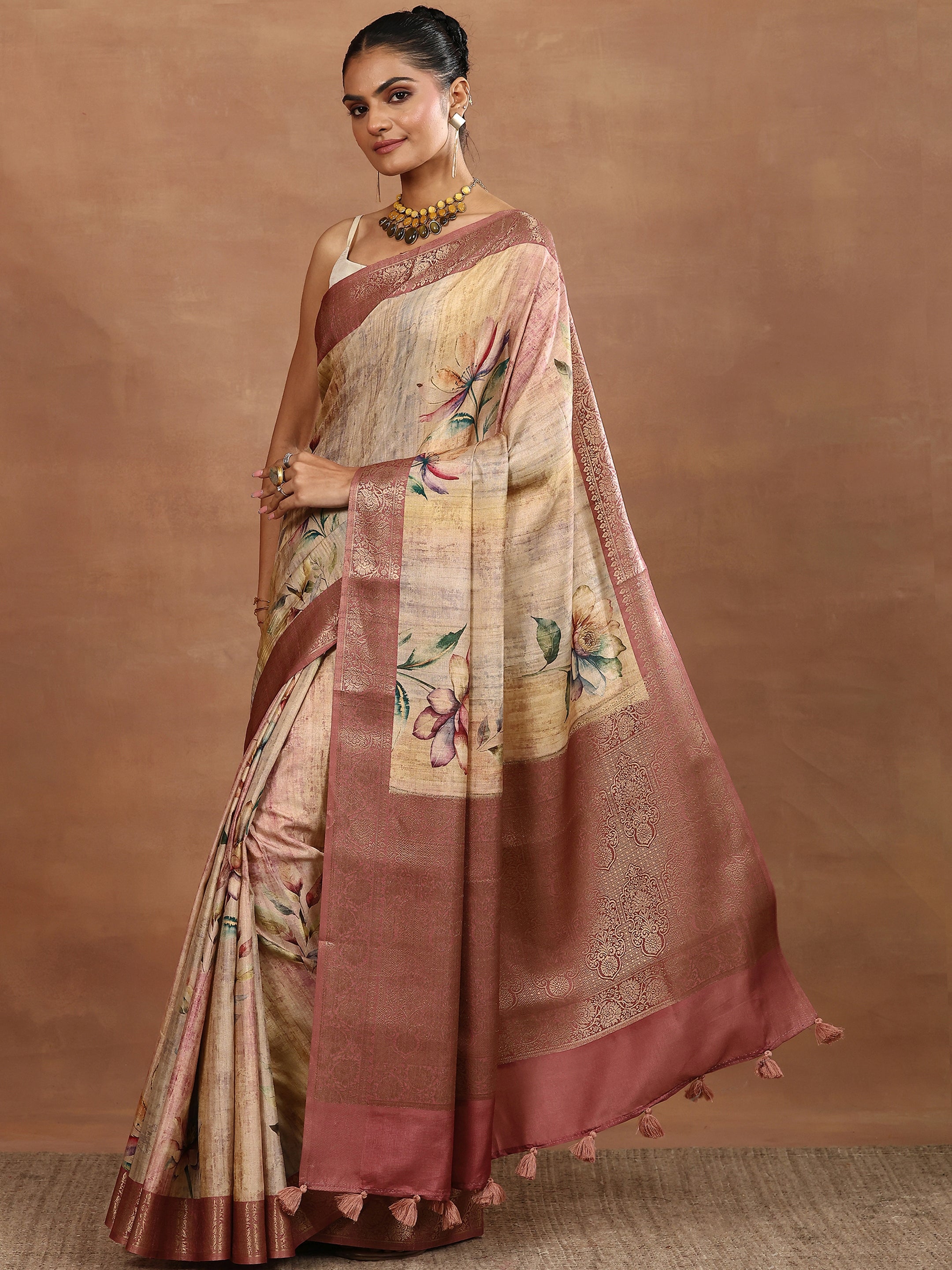 Brown Printed Silk Blend Sarees With Unstitched Blouse Piece