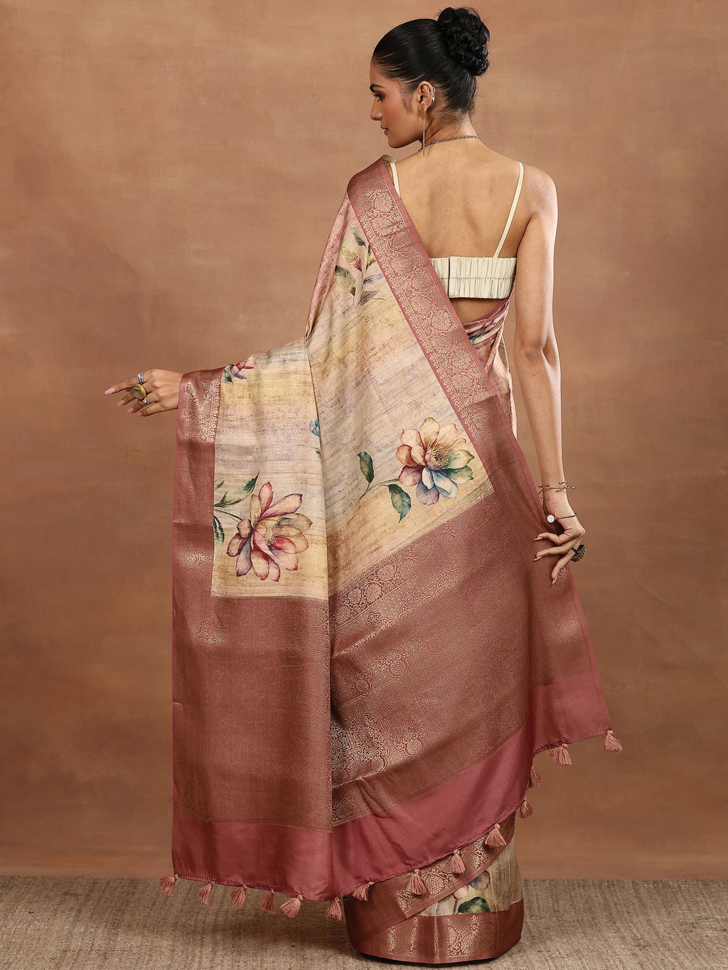 Brown Printed Silk Blend Sarees With Unstitched Blouse Piece