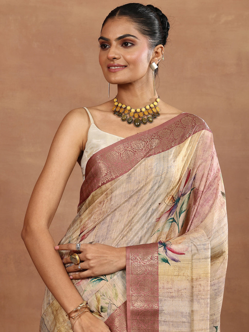 Brown Printed Silk Blend Sarees With Unstitched Blouse Piece