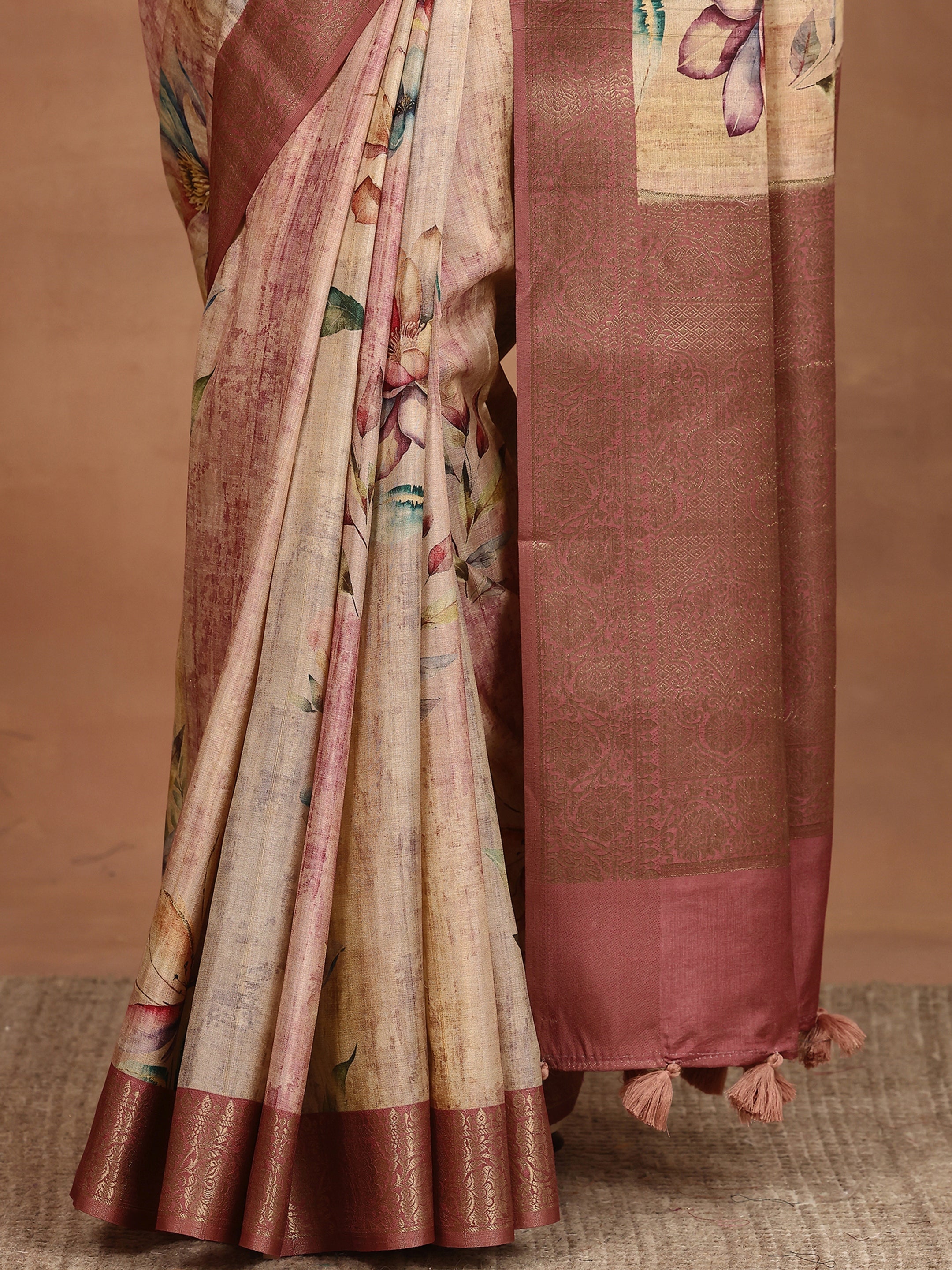 Brown Printed Silk Blend Sarees With Unstitched Blouse Piece