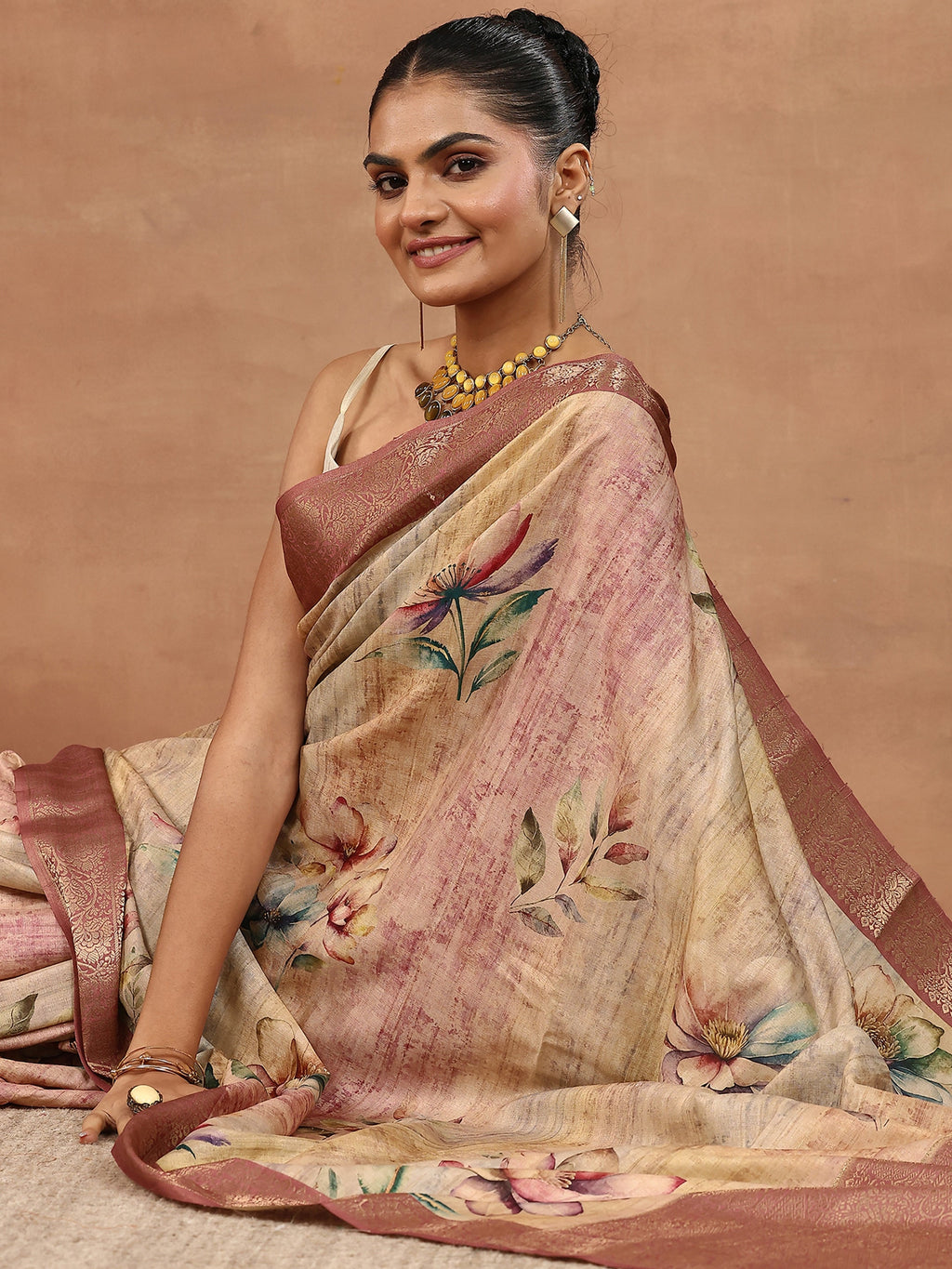 Brown Printed Silk Blend Sarees With Unstitched Blouse Piece