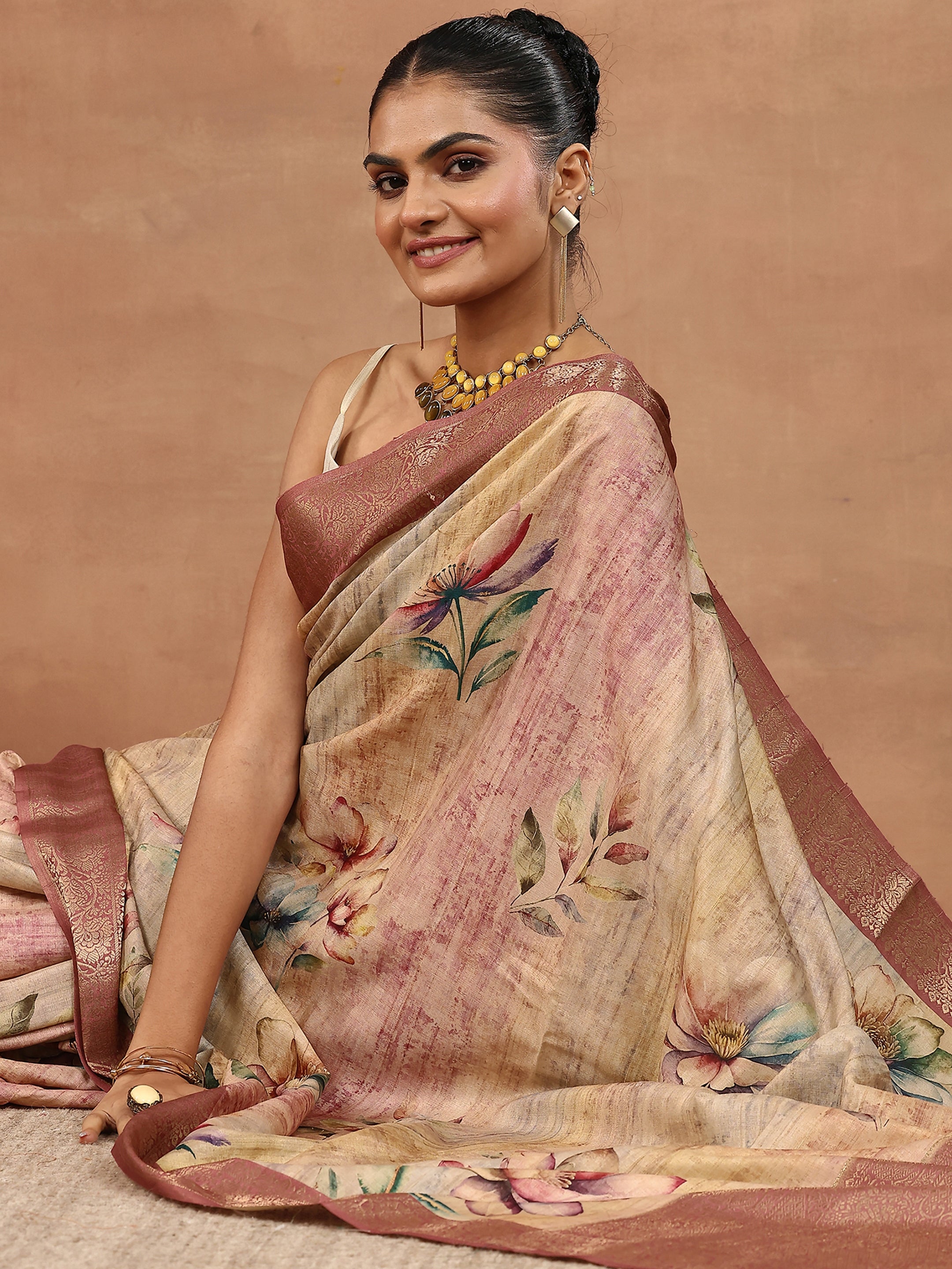 Brown Printed Silk Blend Sarees With Unstitched Blouse Piece