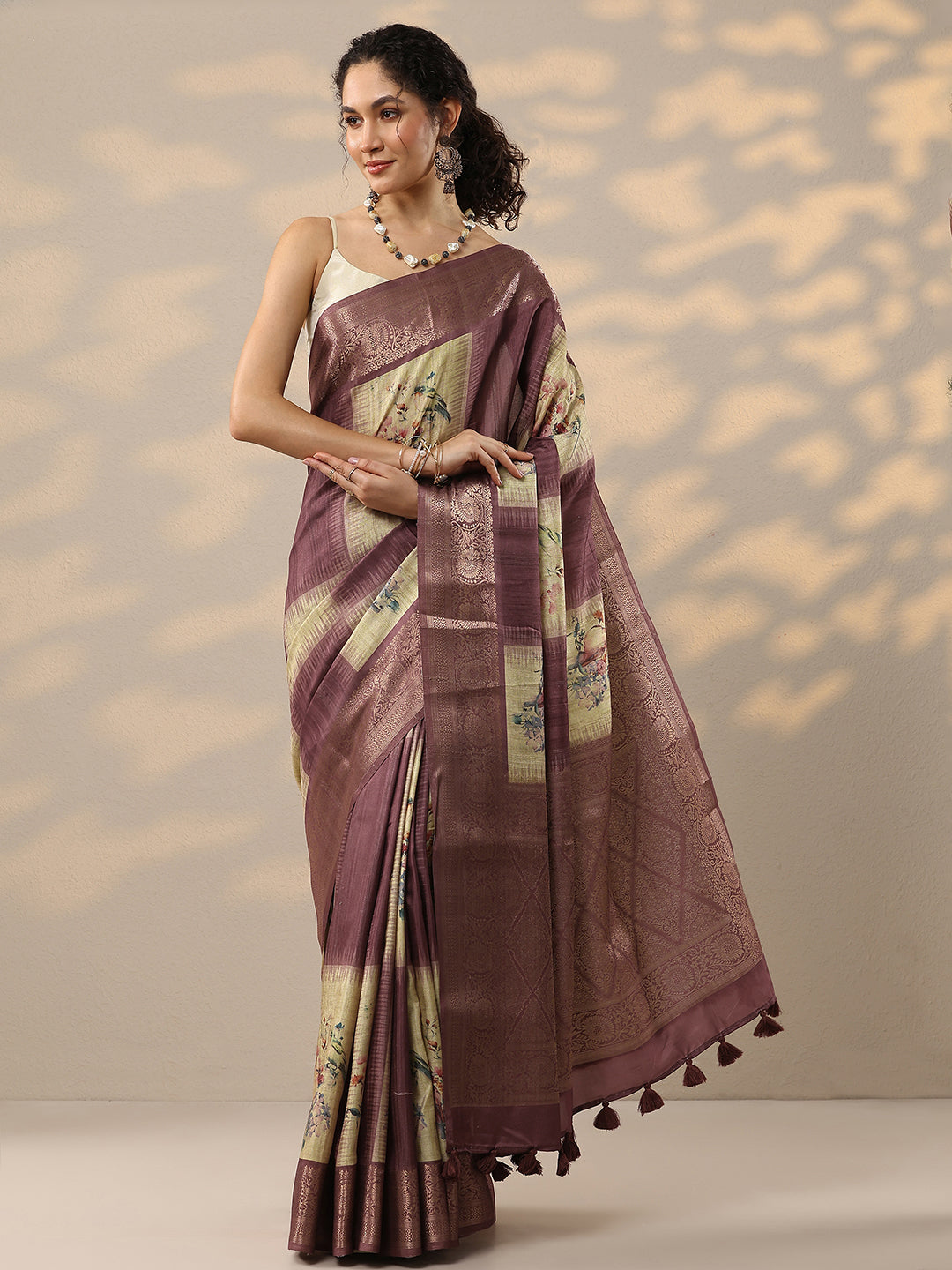 Beige Printed Silk Blend Sarees With Unstitched Blouse Piece