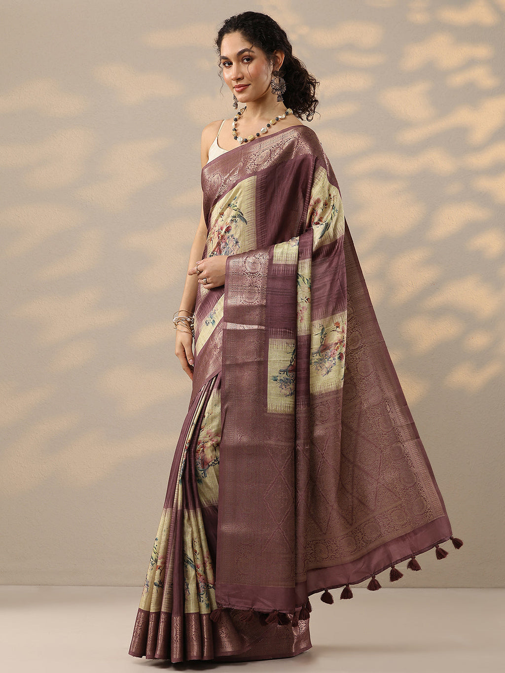 Beige Printed Silk Blend Sarees With Unstitched Blouse Piece