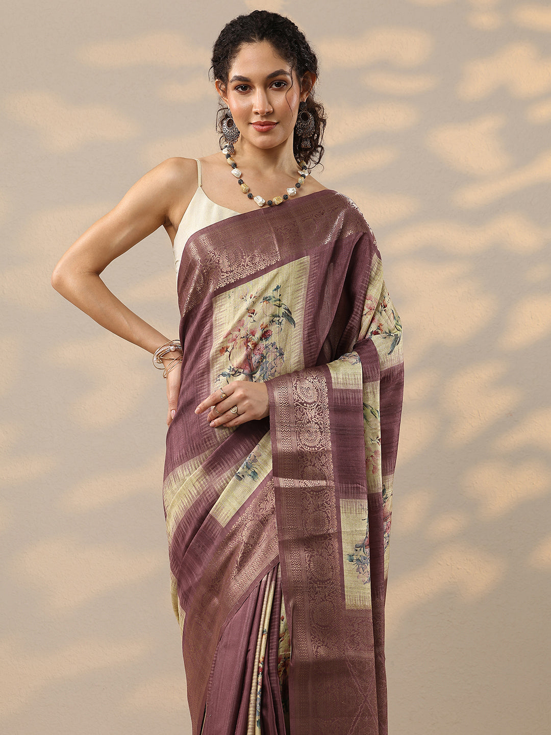 Beige Printed Silk Blend Sarees With Unstitched Blouse Piece