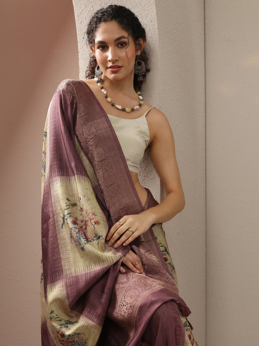 Beige Printed Silk Blend Sarees With Unstitched Blouse Piece