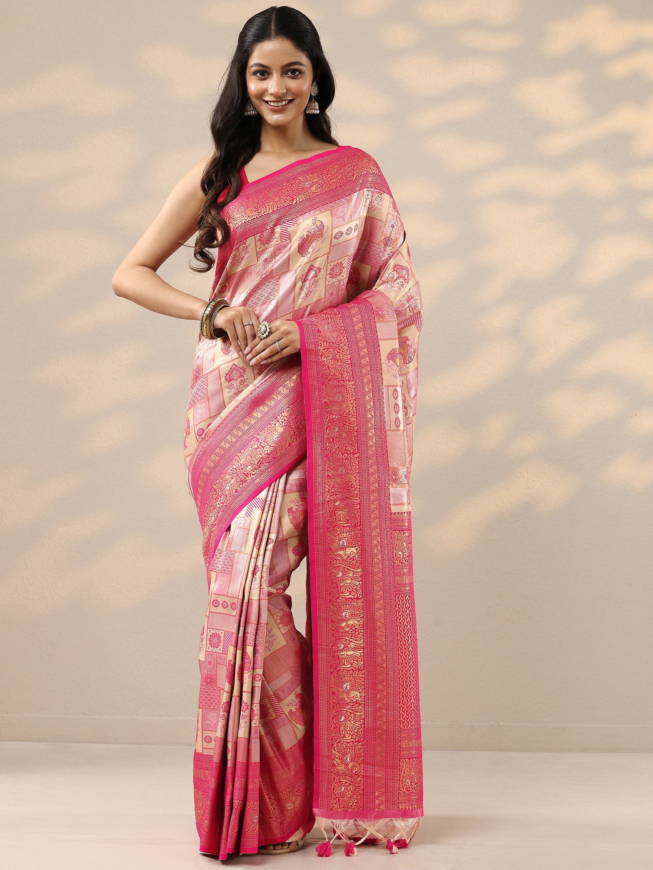 Pink Woven Design Silk Blend Saree With Unstitched Blouse Piece