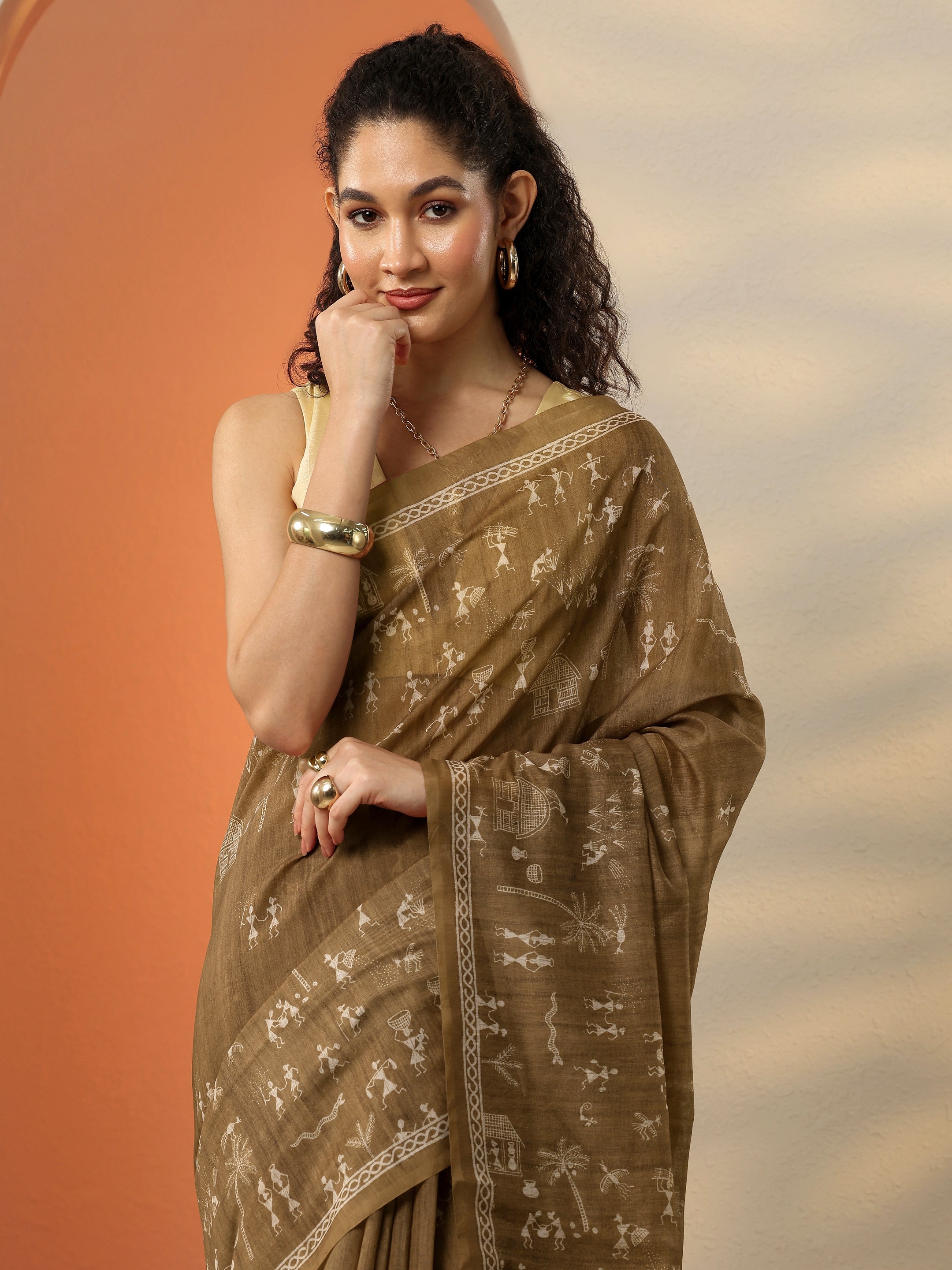 Brown Printed Silk Blend Saree With Unstitched Blouse Piece