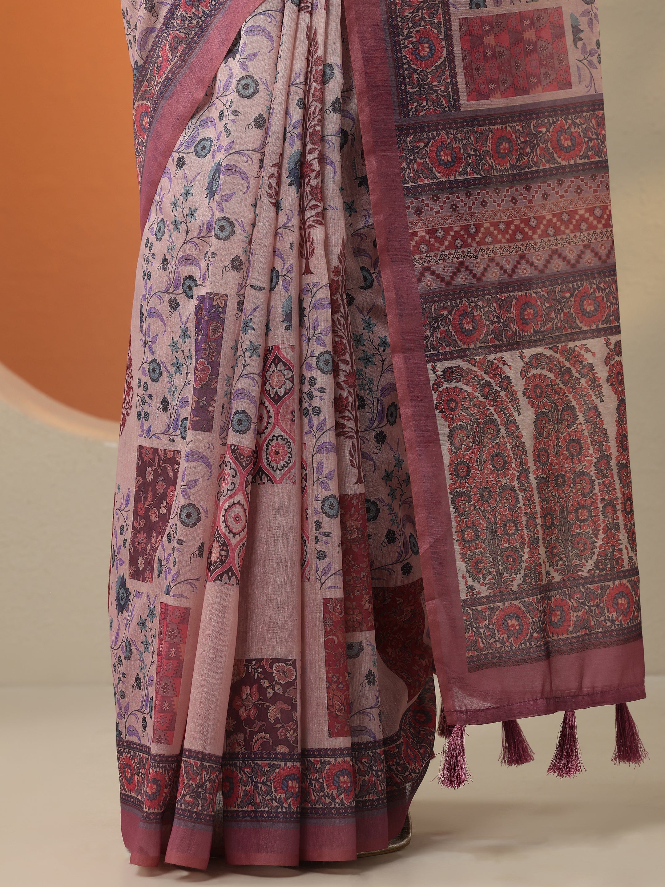 Pink Printed Silk Blend Saree With Unstitched Blouse Piece