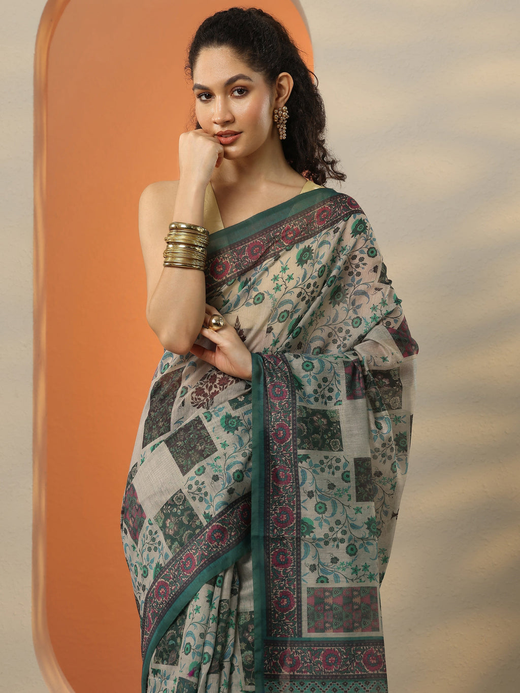 Blue Printed Silk Blend Saree With Unstitched Blouse Piece