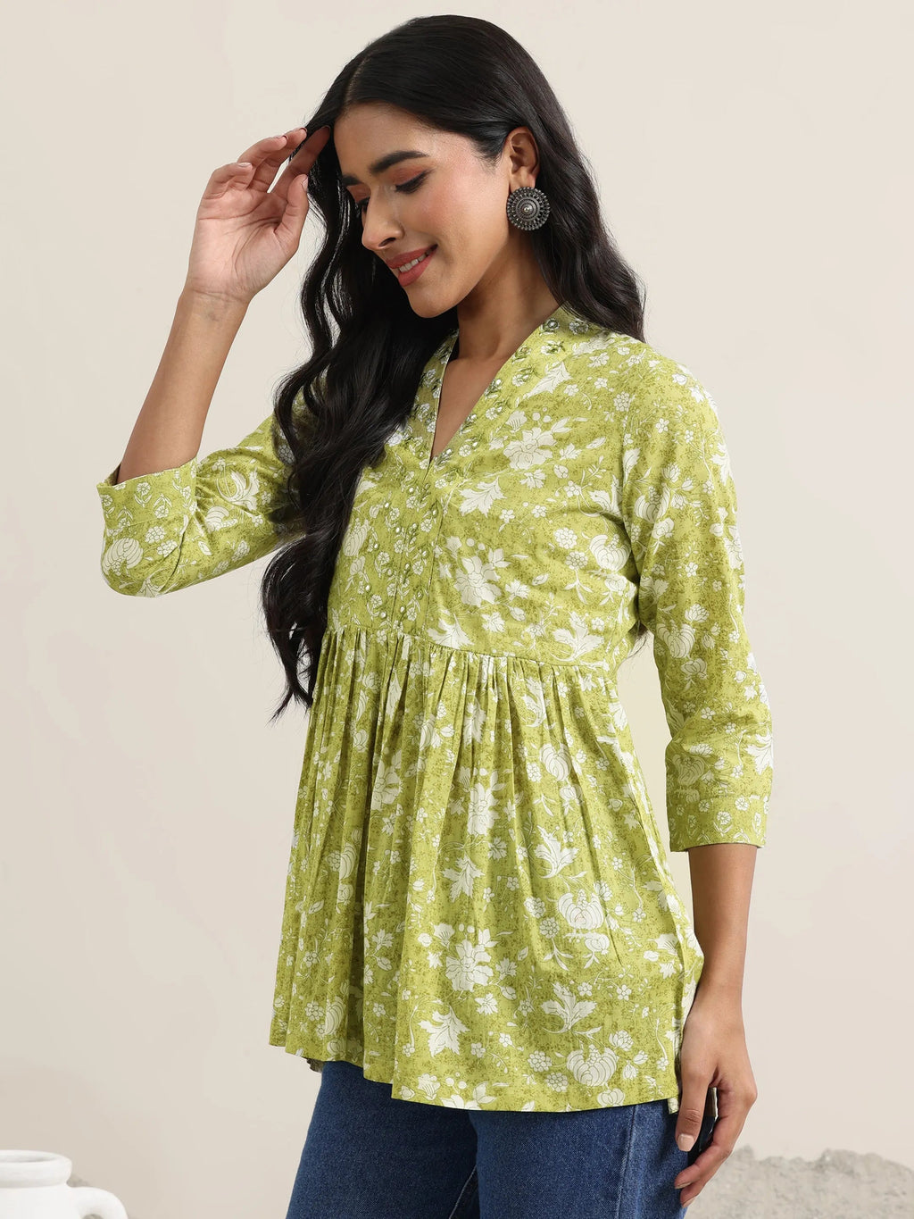 Green Printed Cotton Anarkali Kurti
