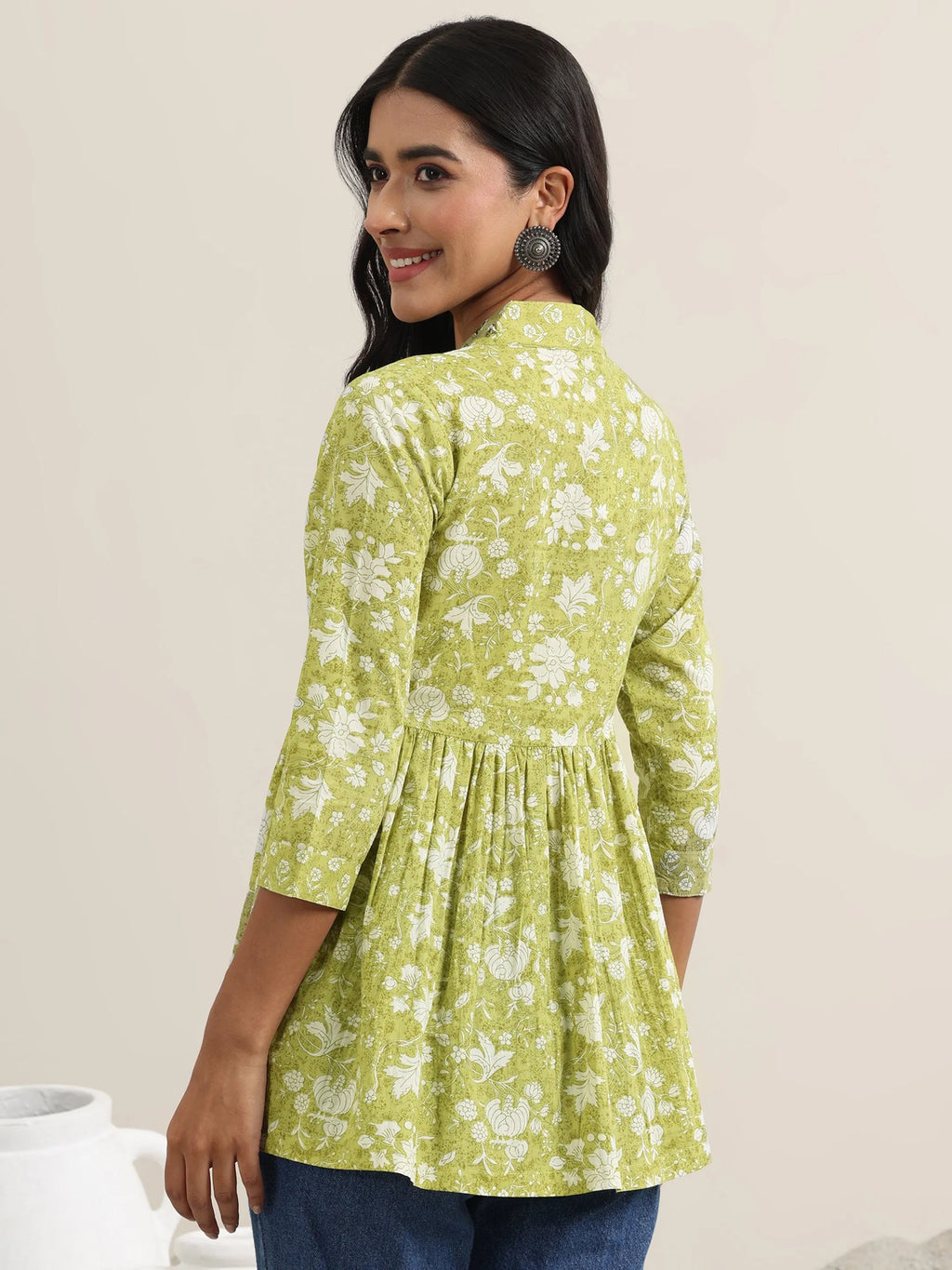 Green Printed Cotton Anarkali Kurti