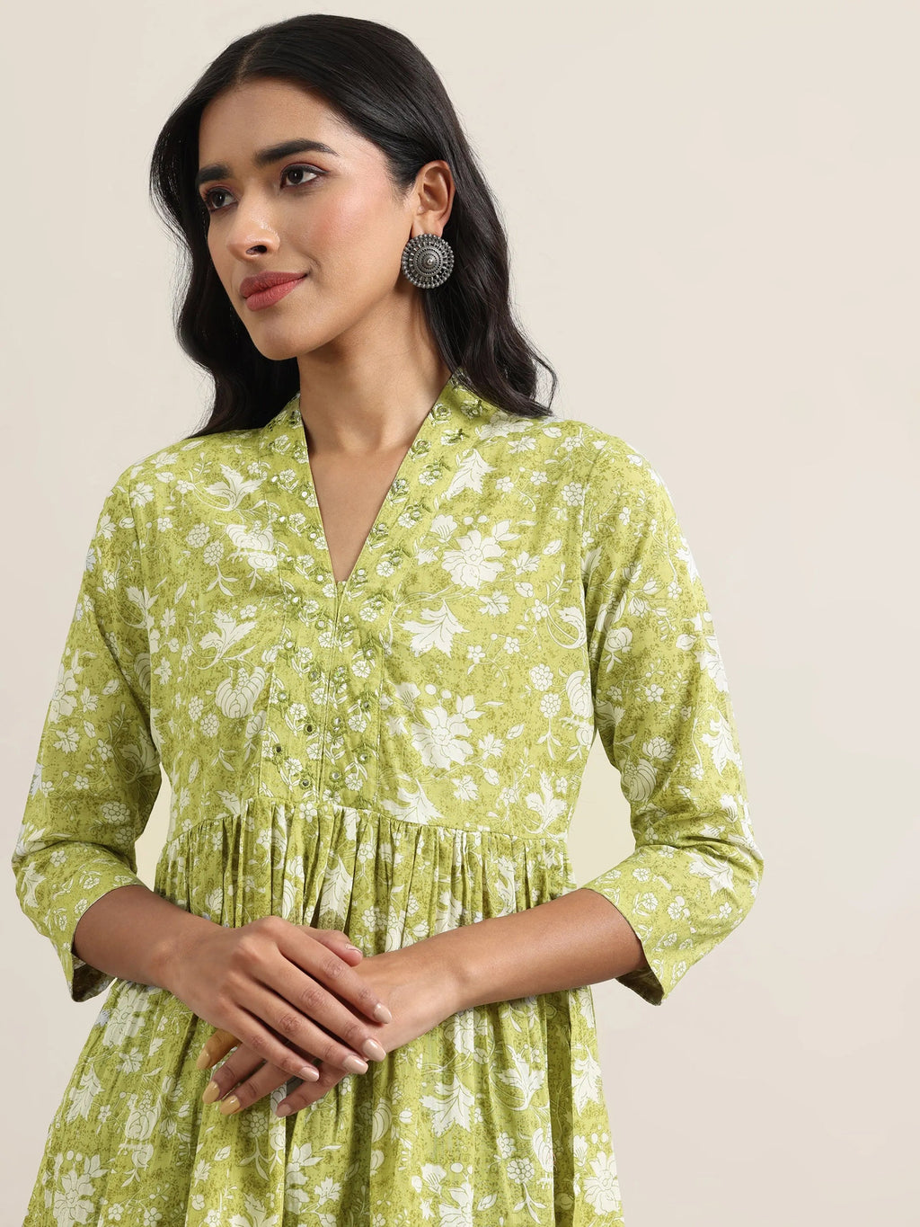 Green Printed Cotton Anarkali Kurti