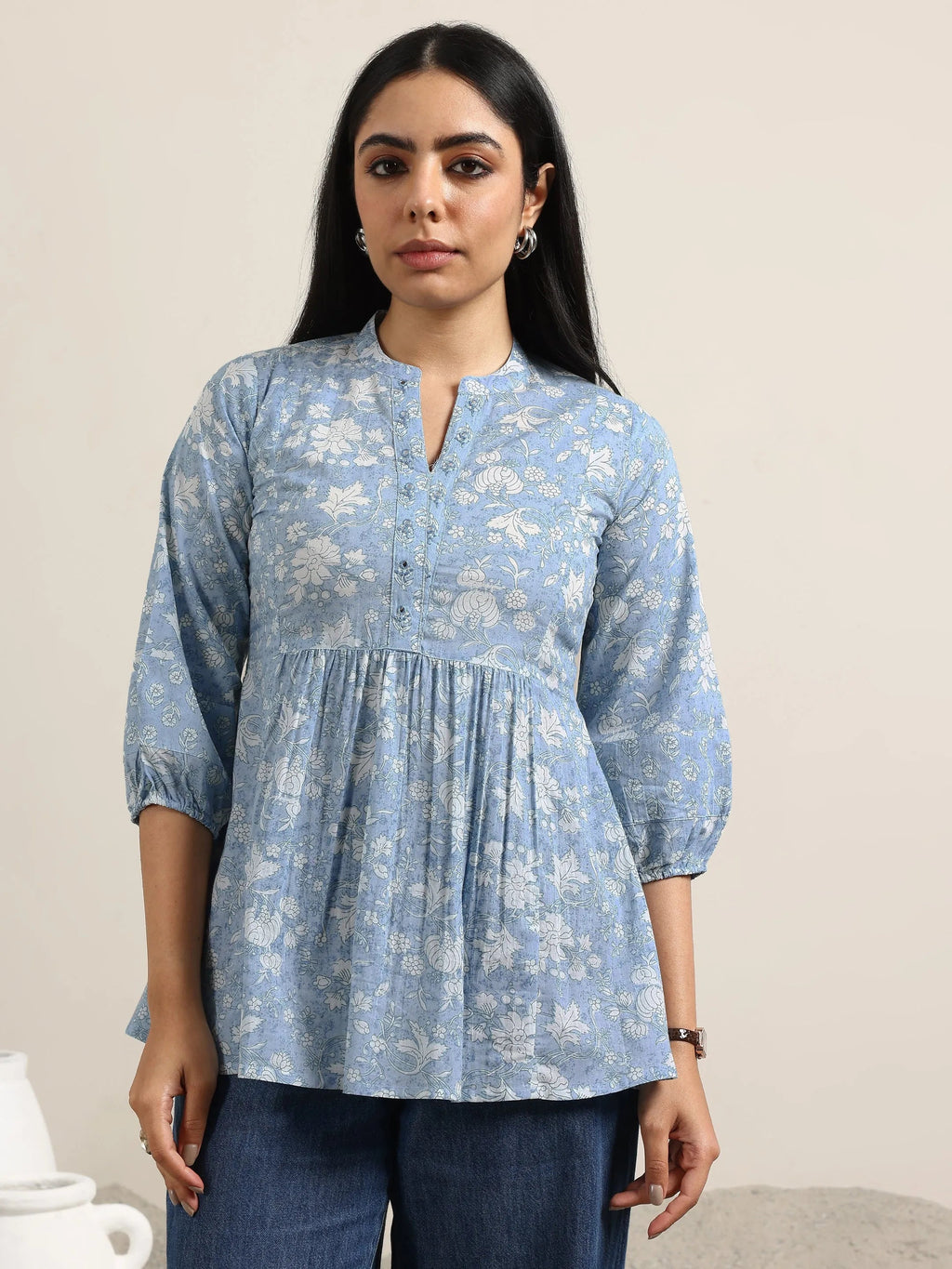 Blue Printed Cotton Anarkali Kurti