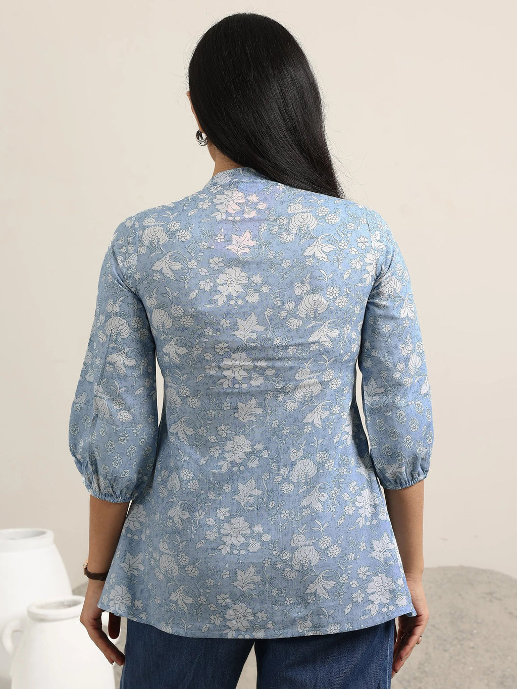 Blue Printed Cotton Anarkali Kurti