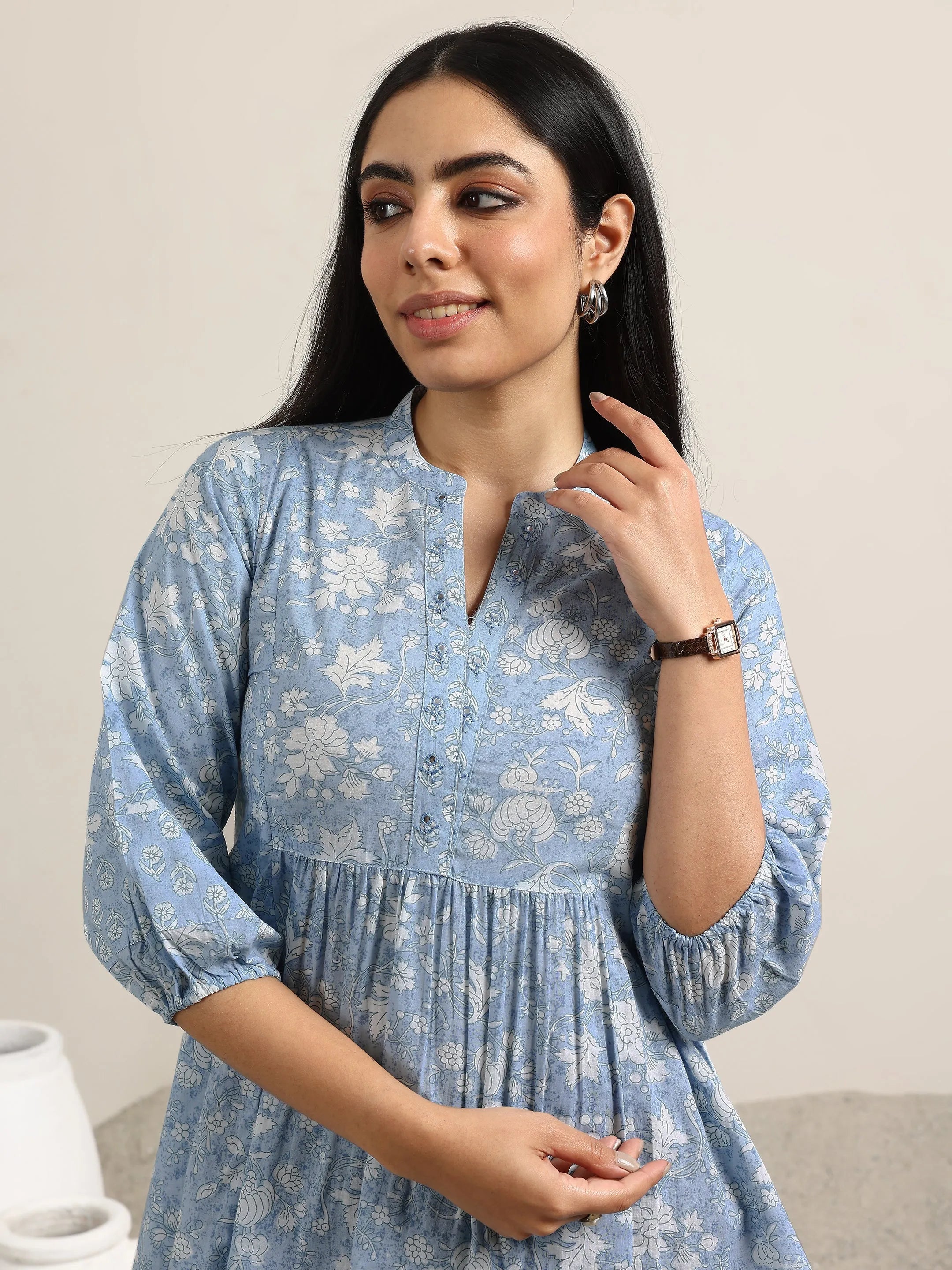 Blue Printed Cotton Anarkali Kurti
