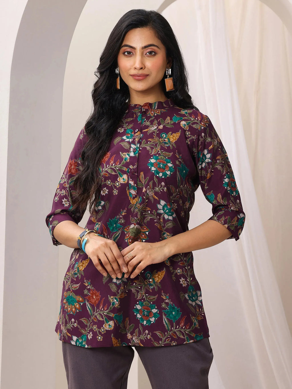 Burgundy Printed Silk Blend Straight Short Kurti