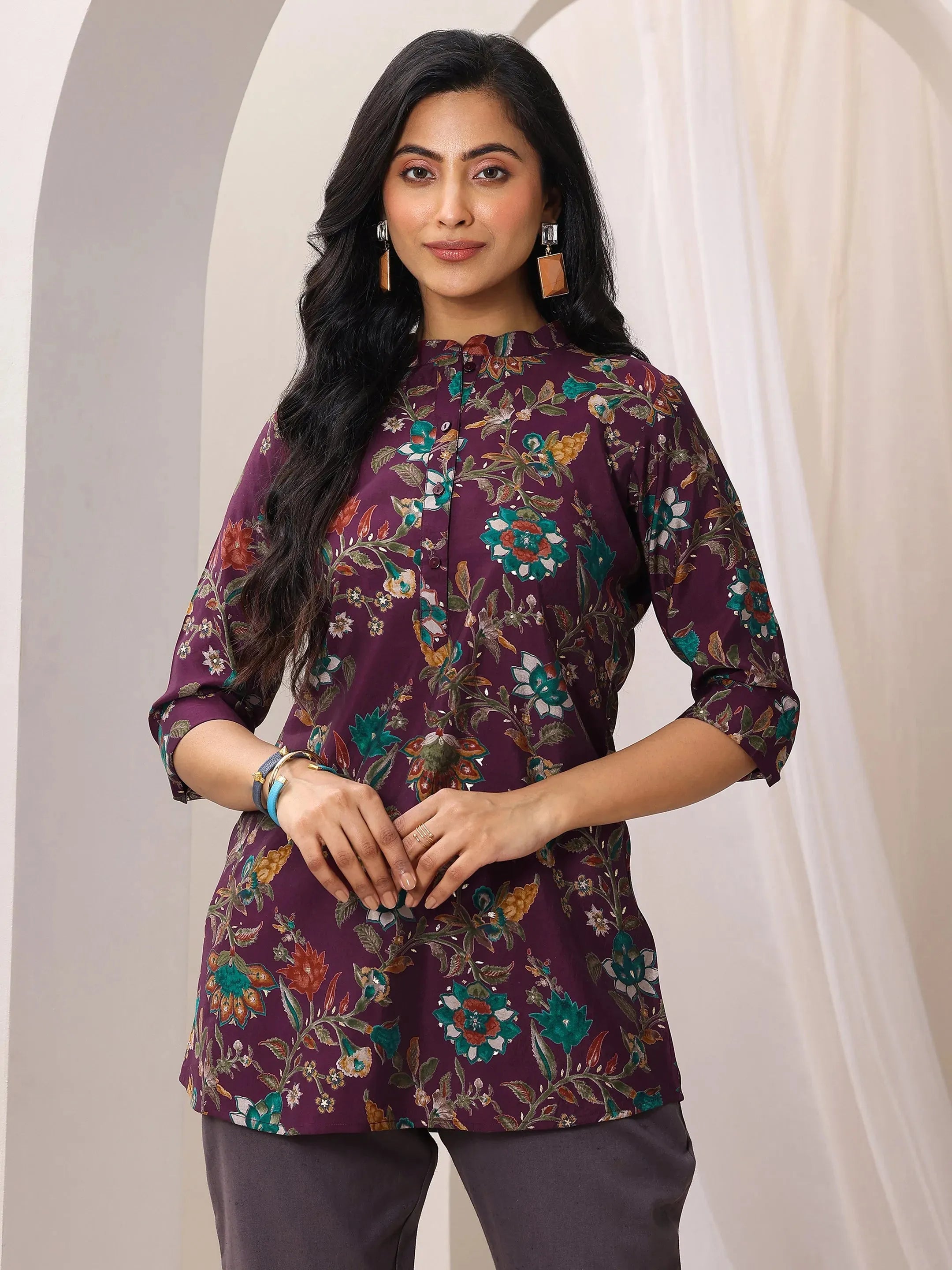 Burgundy Printed Silk Blend Straight Short Kurti