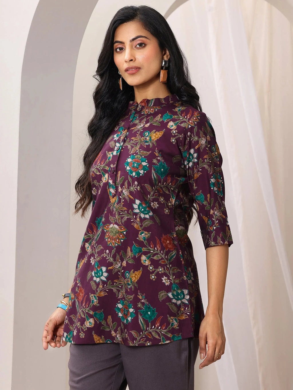 Burgundy Printed Silk Blend Straight Short Kurti