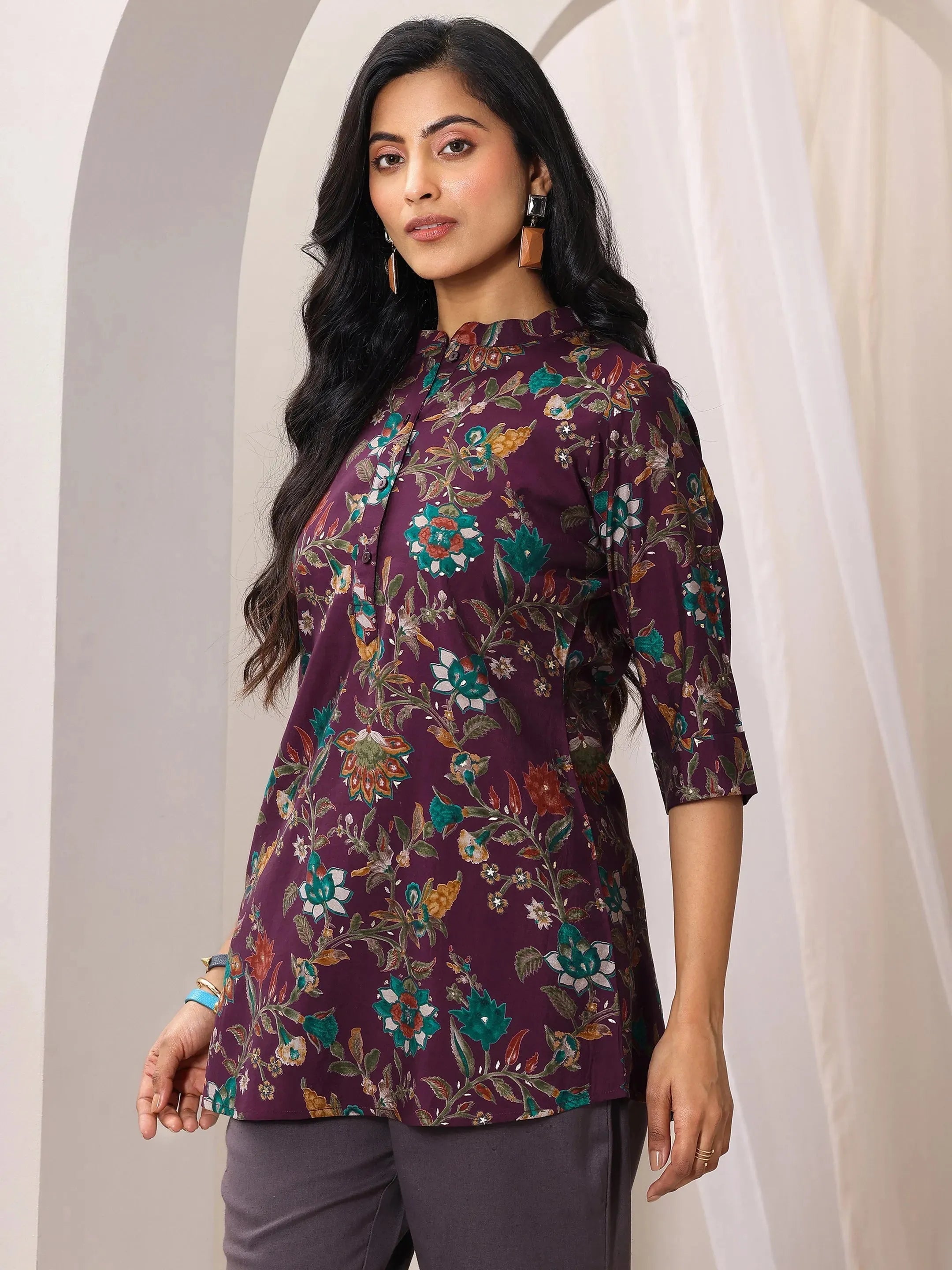 Burgundy Printed Silk Blend Straight Short Kurti