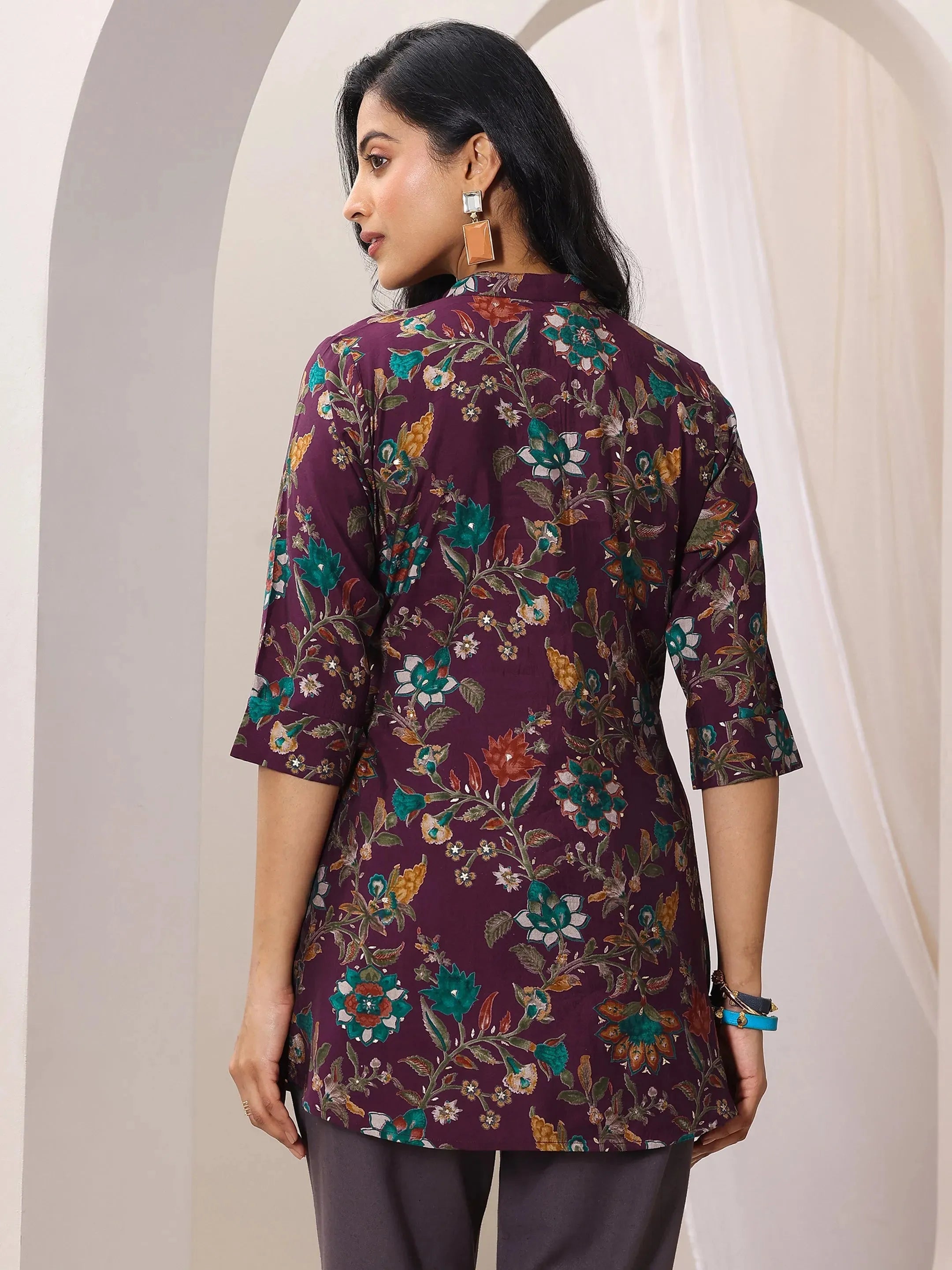 Burgundy Printed Silk Blend Straight Short Kurti