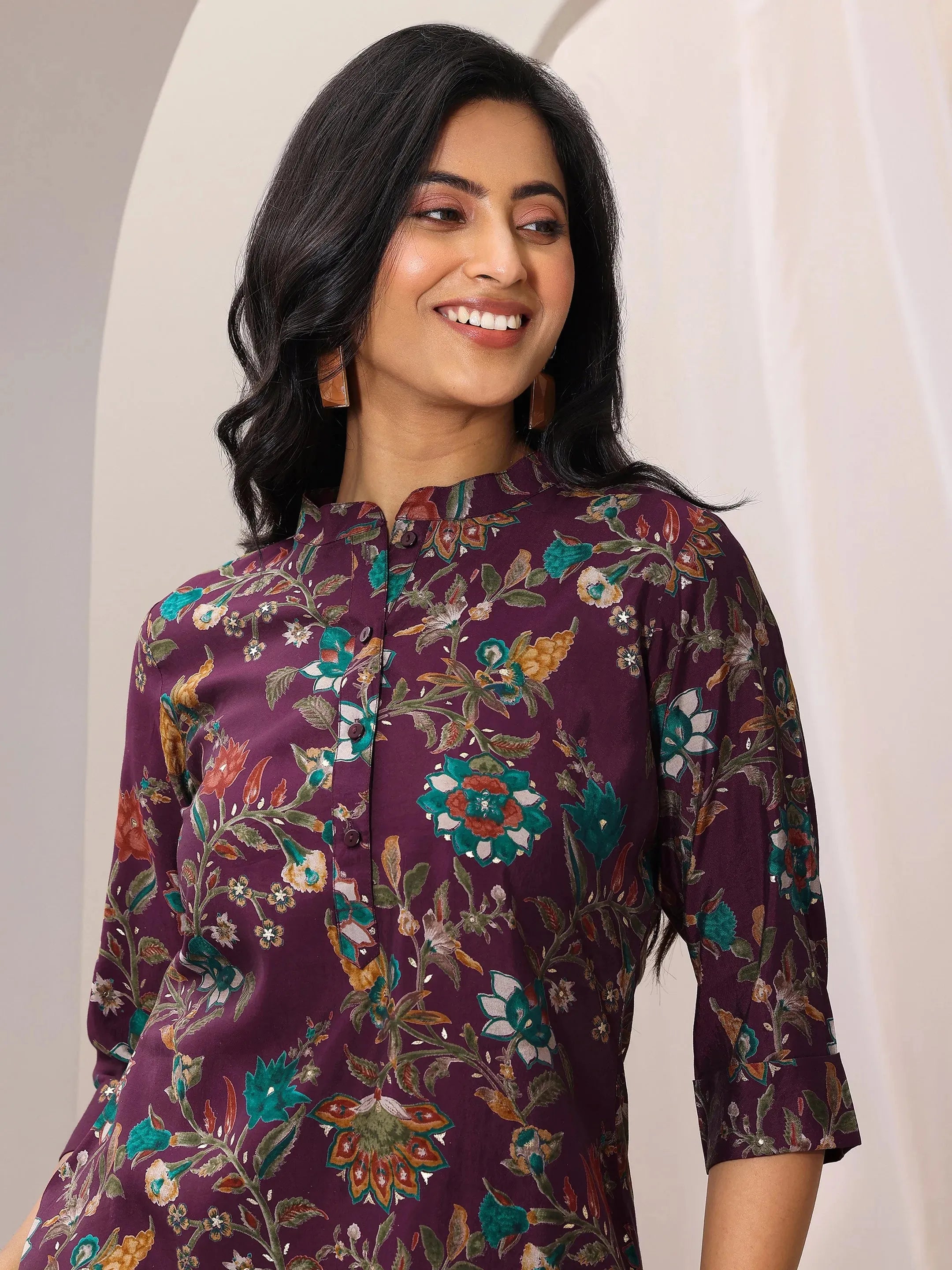 Burgundy Printed Silk Blend Straight Short Kurti