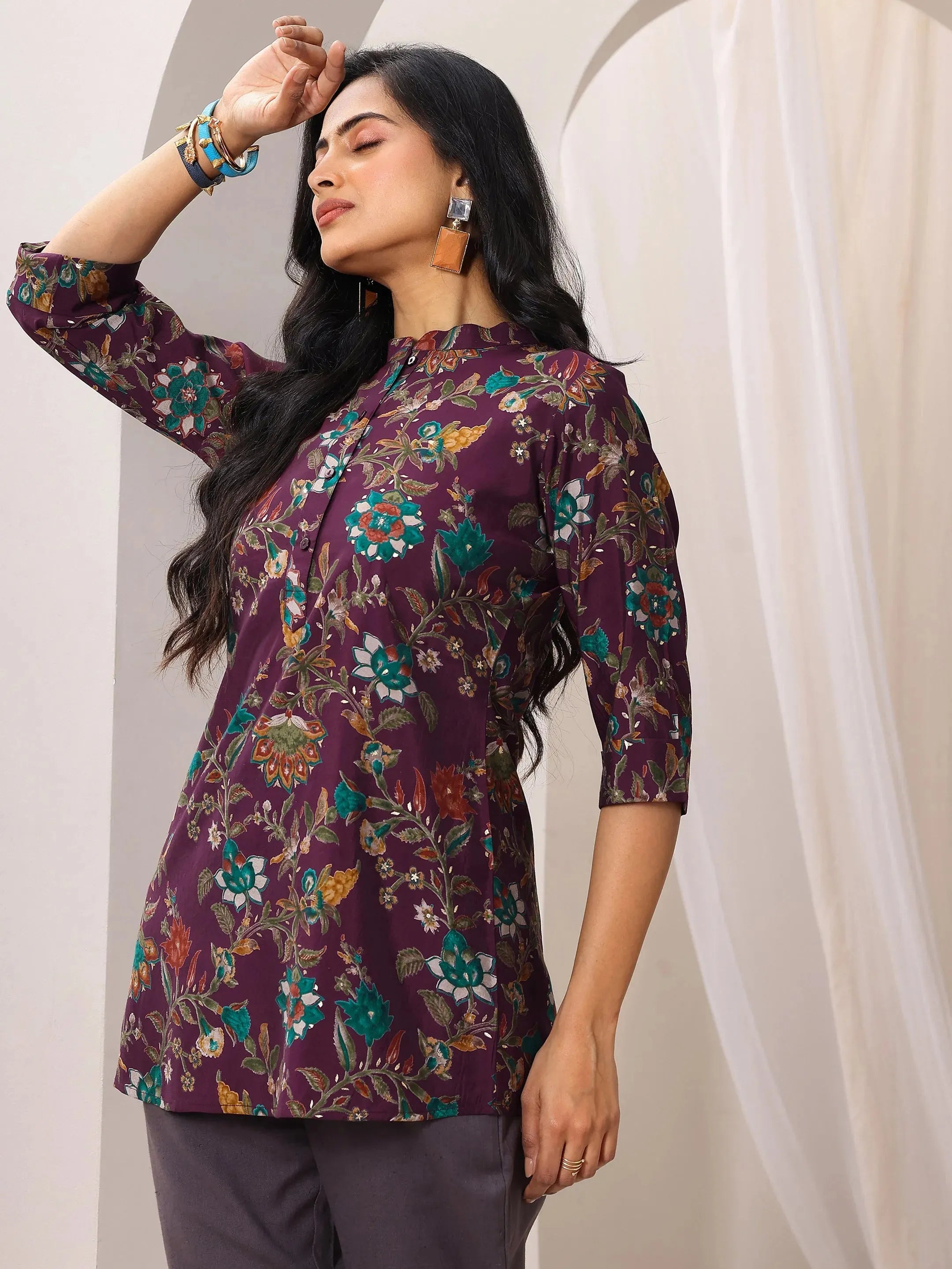Burgundy Printed Silk Blend Straight Short Kurti