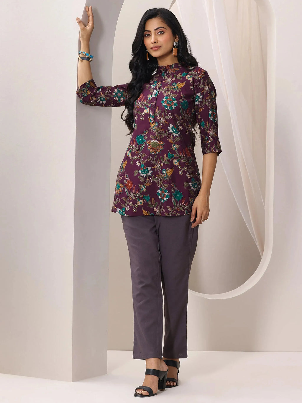 Burgundy Printed Silk Blend Straight Short Kurti