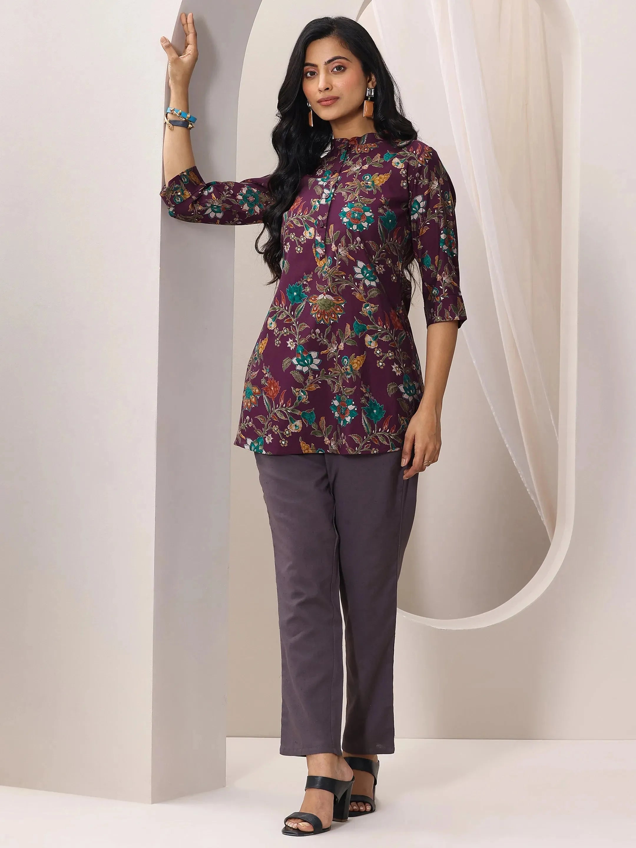 Burgundy Printed Silk Blend Straight Short Kurti