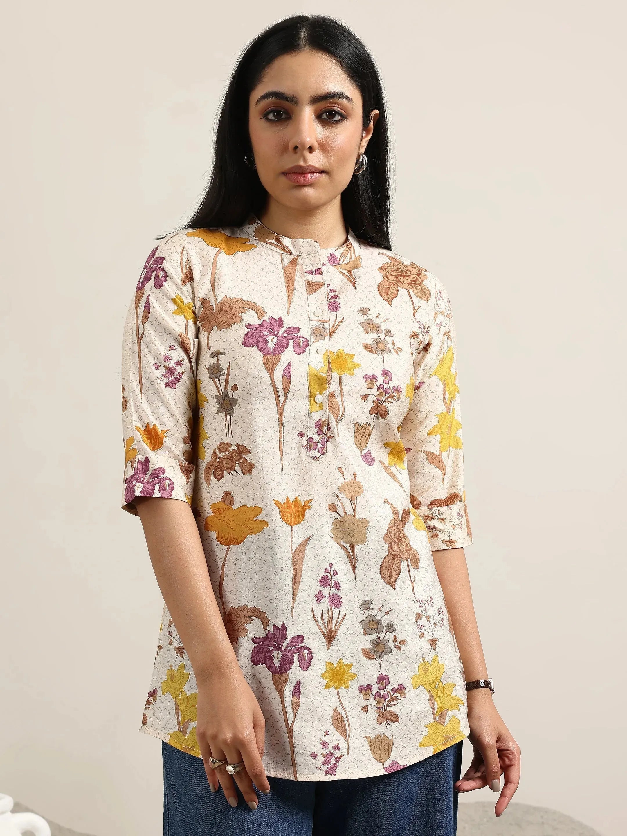 Beige Printed Silk Blend Straight Kurti