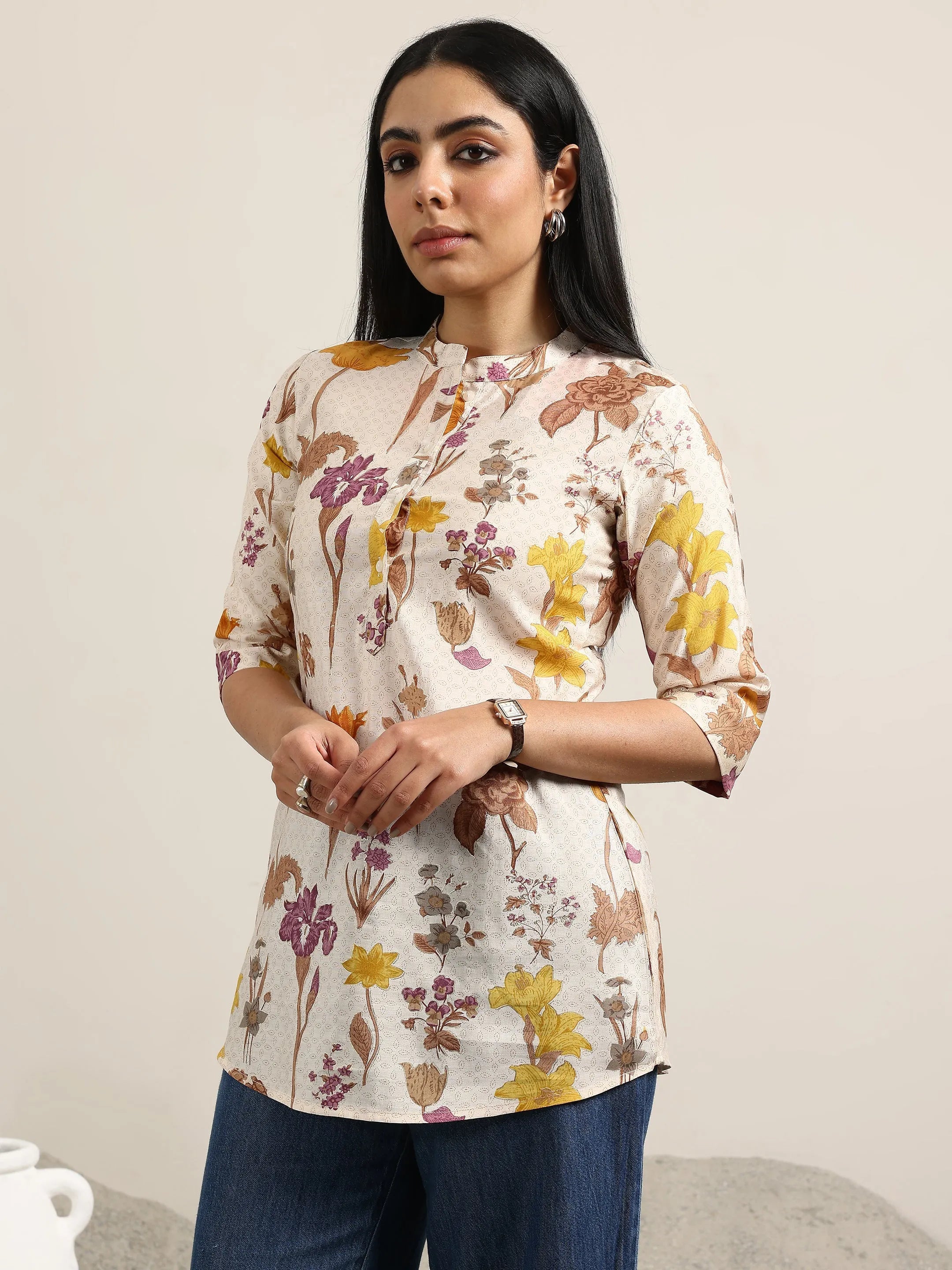 Beige Printed Silk Blend Straight Kurti