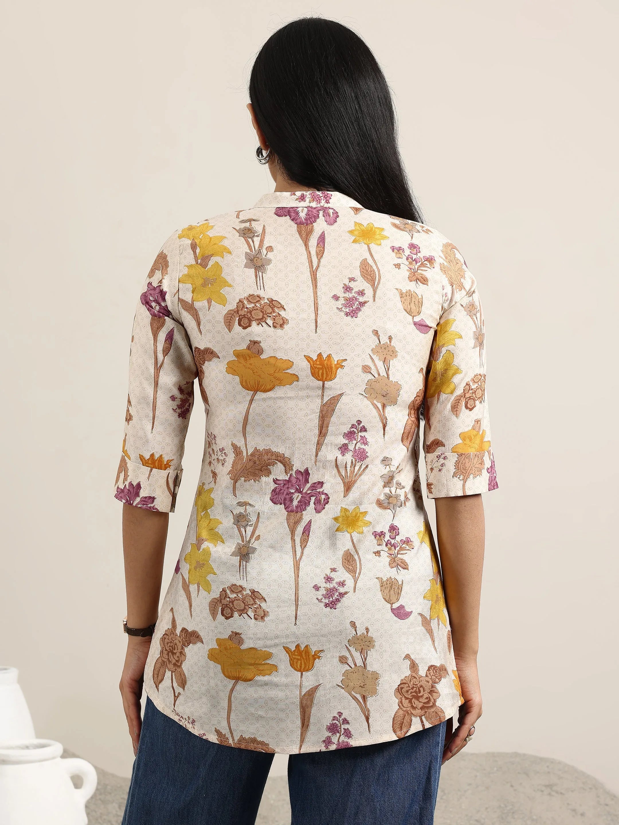 Beige Printed Silk Blend Straight Kurti