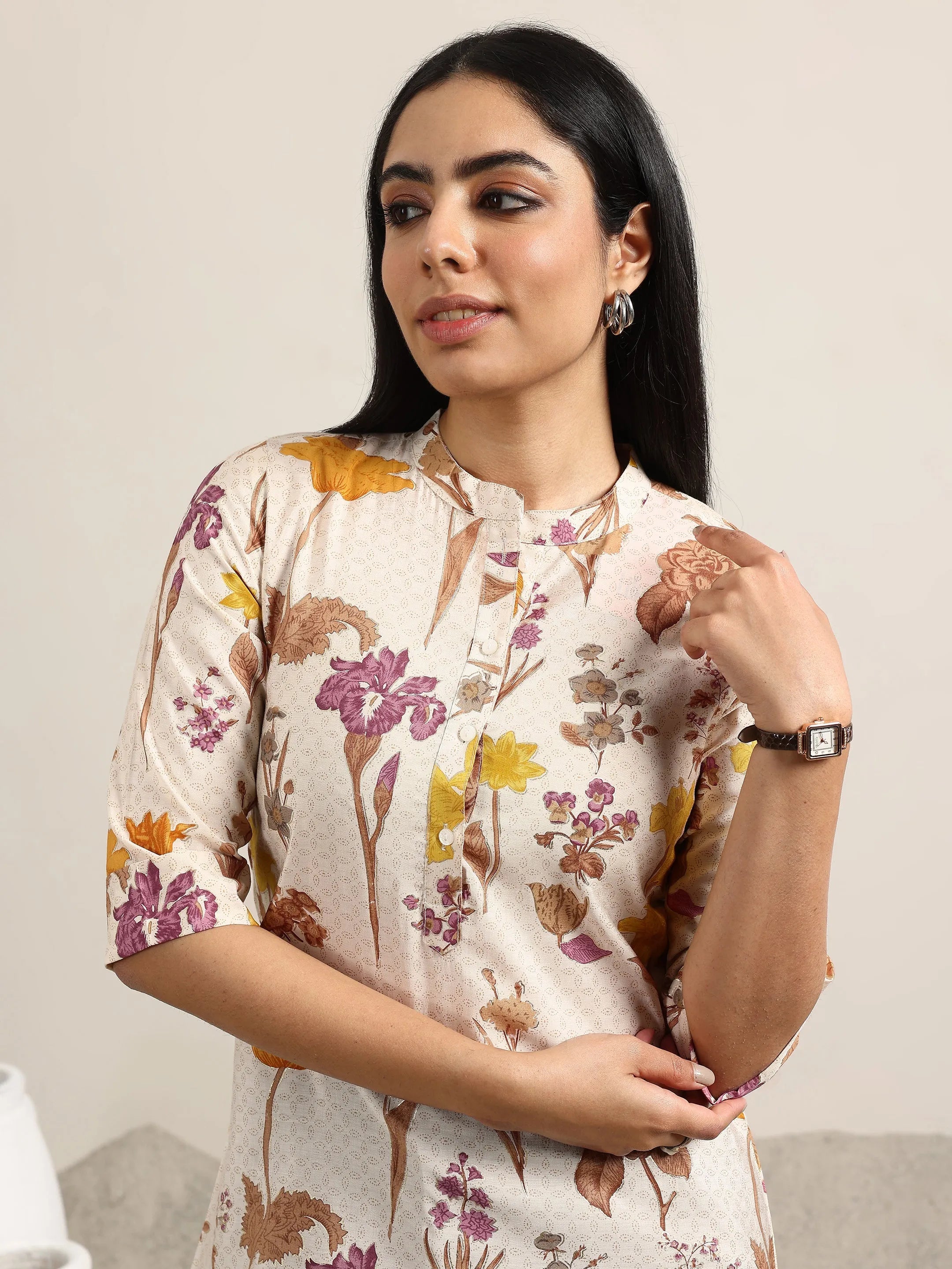 Beige Printed Silk Blend Straight Kurti