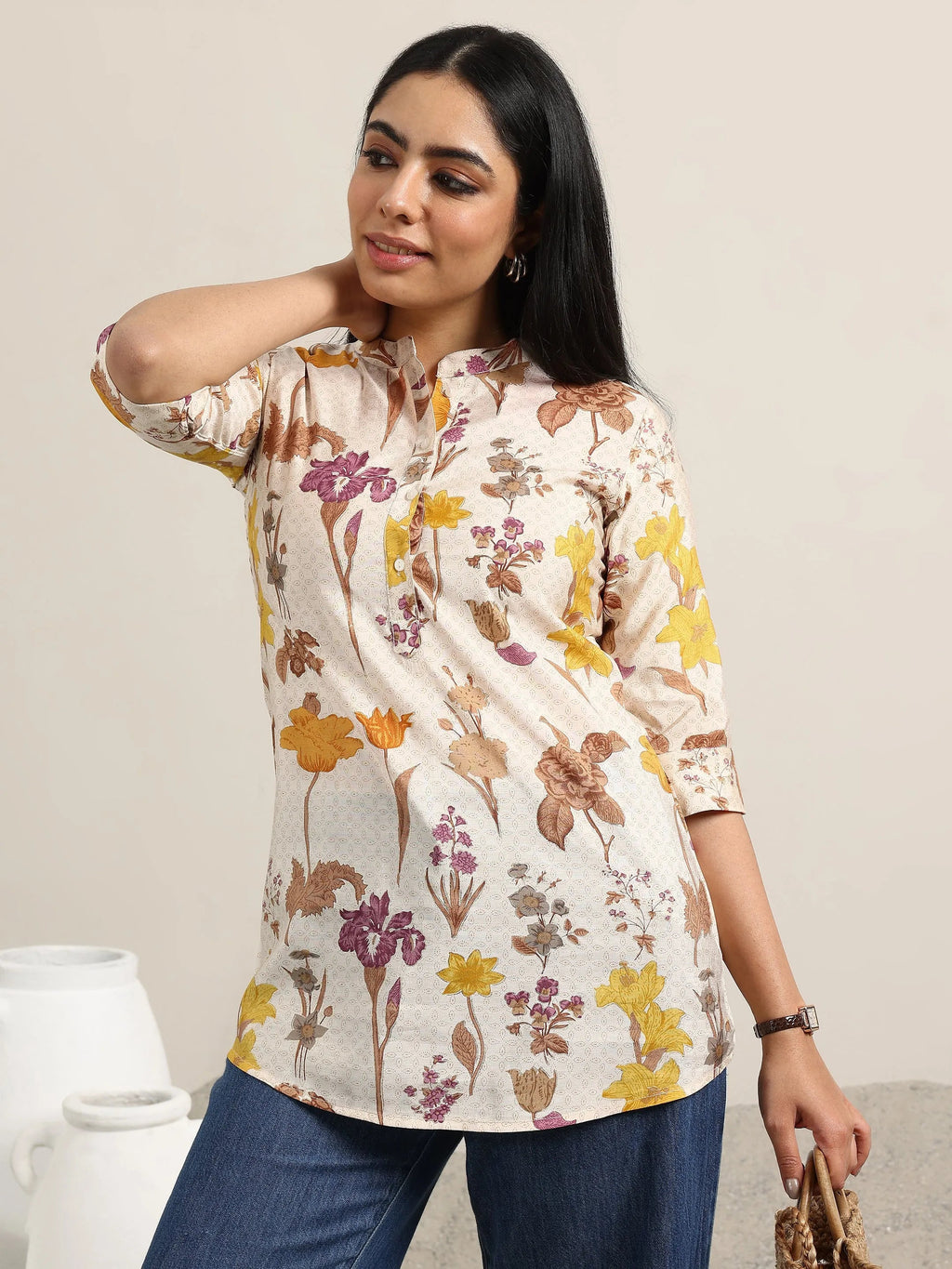 Beige Printed Silk Blend Straight Kurti