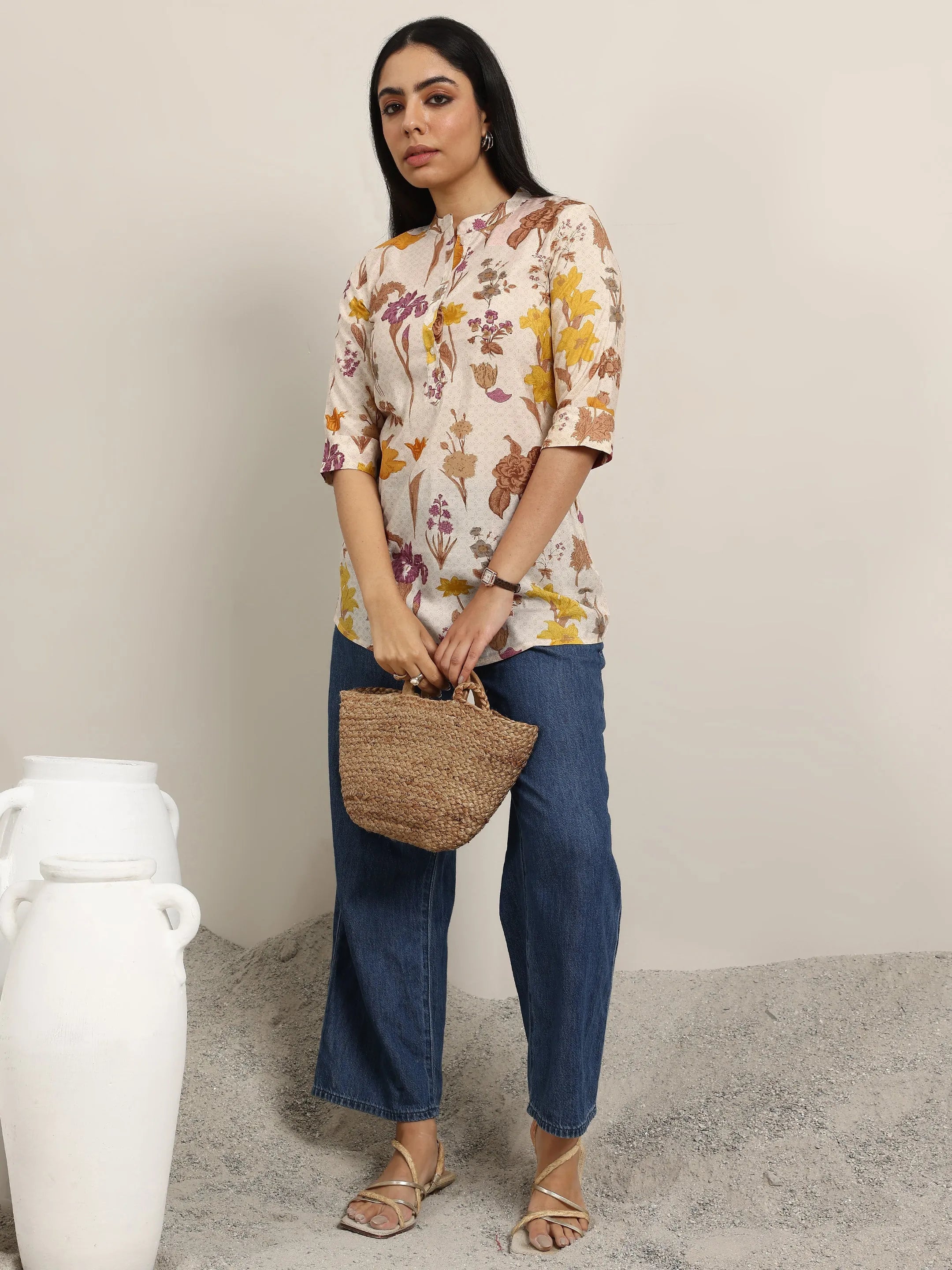 Beige Printed Silk Blend Straight Kurti