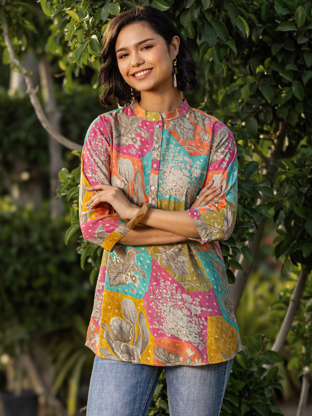 Multi Printed Silk Blend Straight Short Kurti