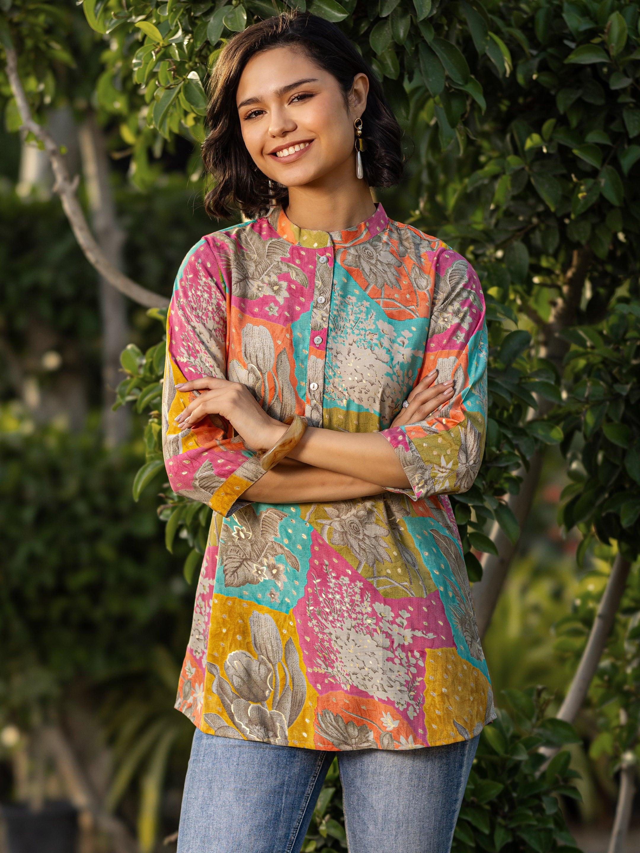 Multi Printed Silk Blend Straight Short Kurti