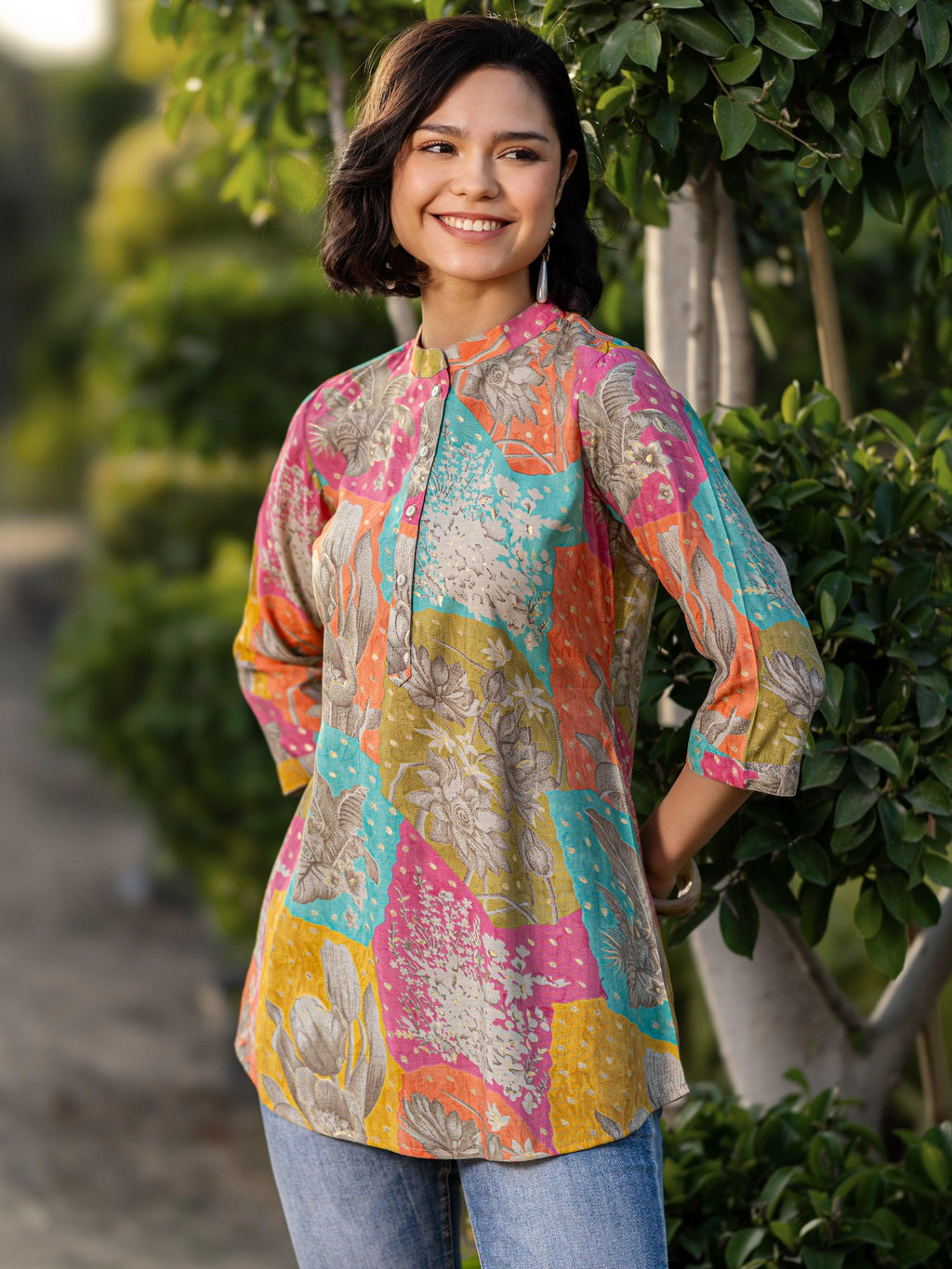 Multi Printed Silk Blend Straight Short Kurti