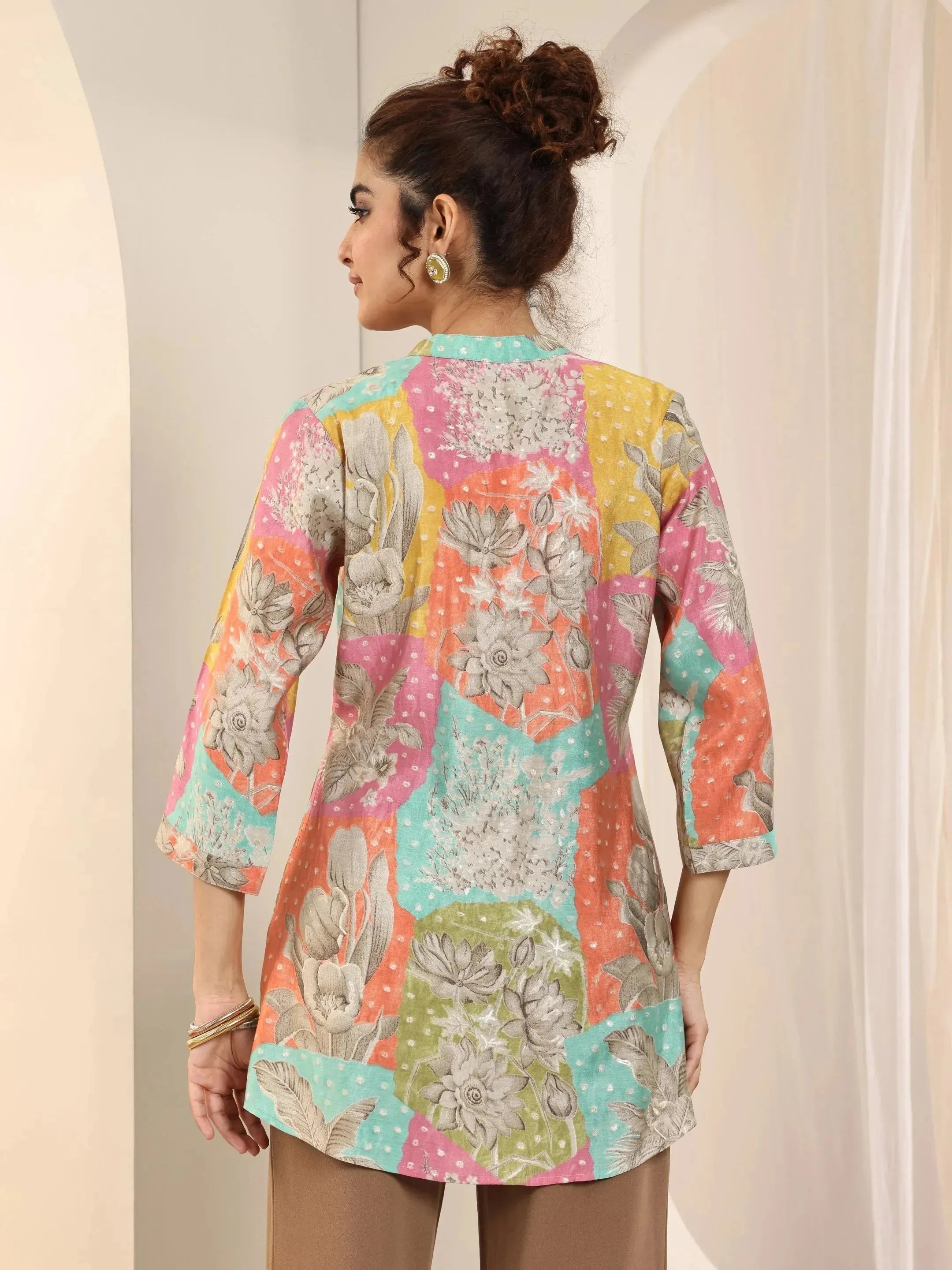 Multi Printed Silk Blend Straight Short Kurti