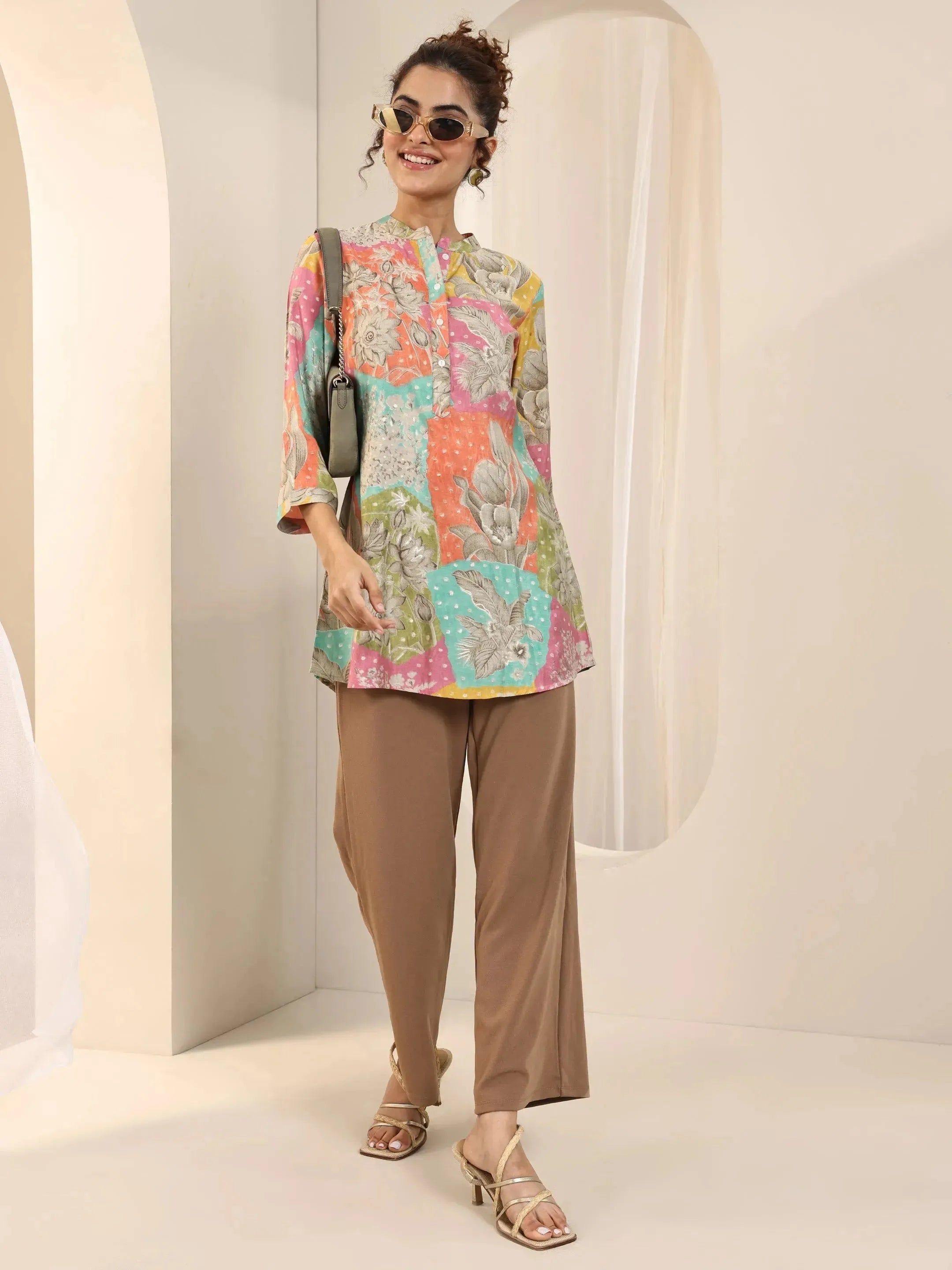 Multi Printed Silk Blend Straight Short Kurti