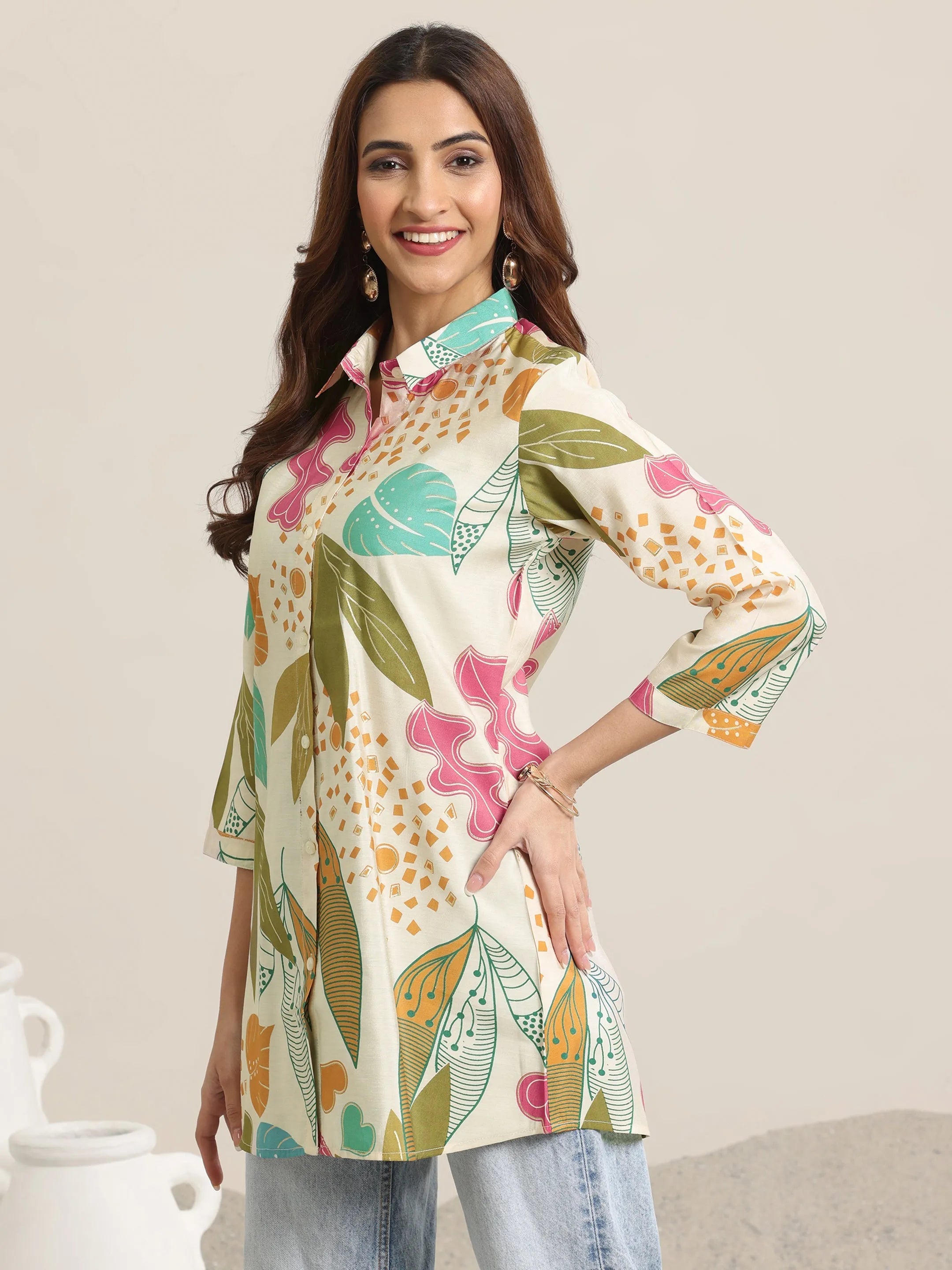 Beige Printed Silk Blend Straight Short Kurti