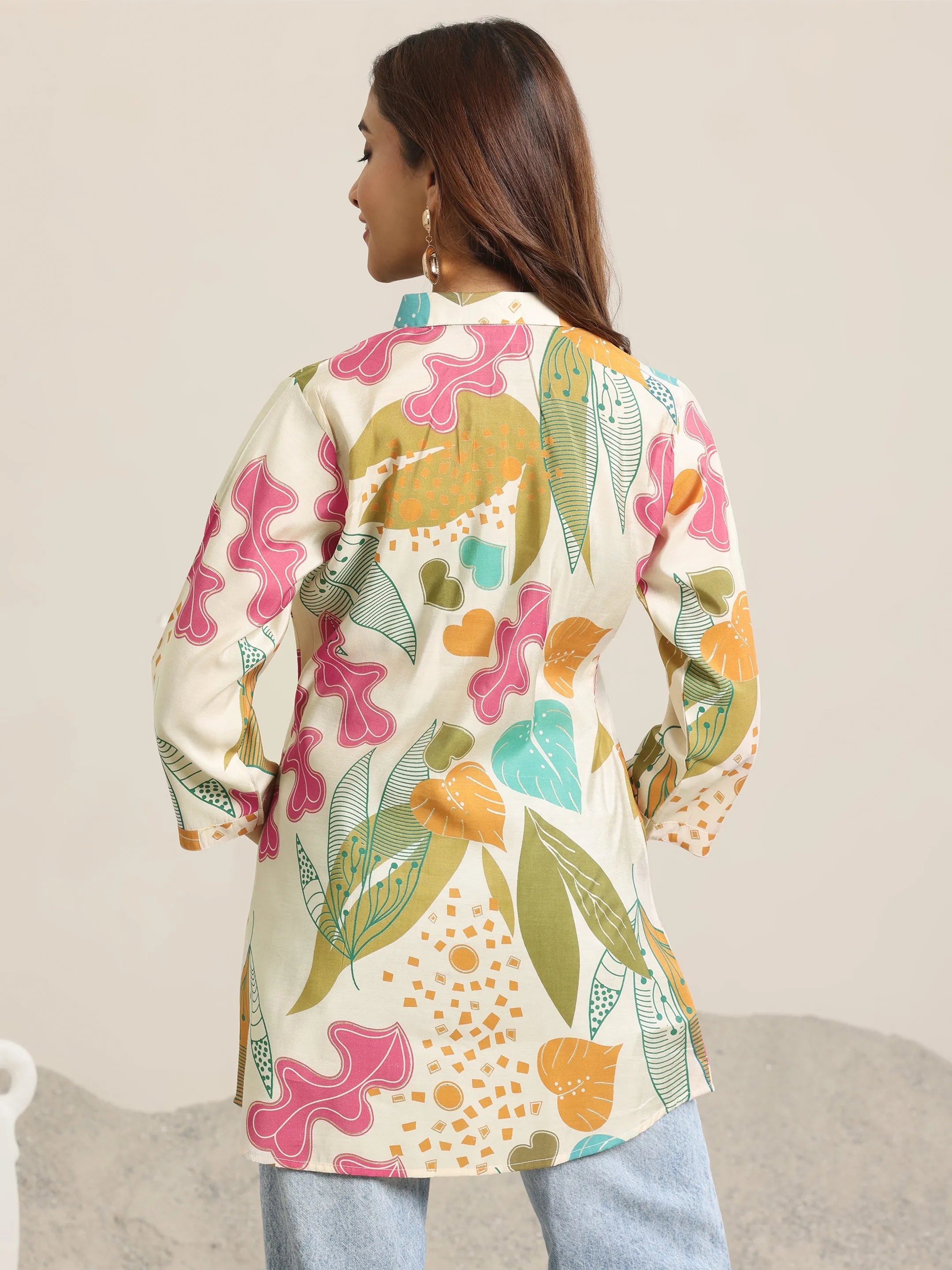 Beige Printed Silk Blend Straight Short Kurti