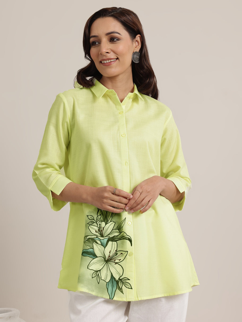 Lime Printed Cotton Blend Straight Short Kurti