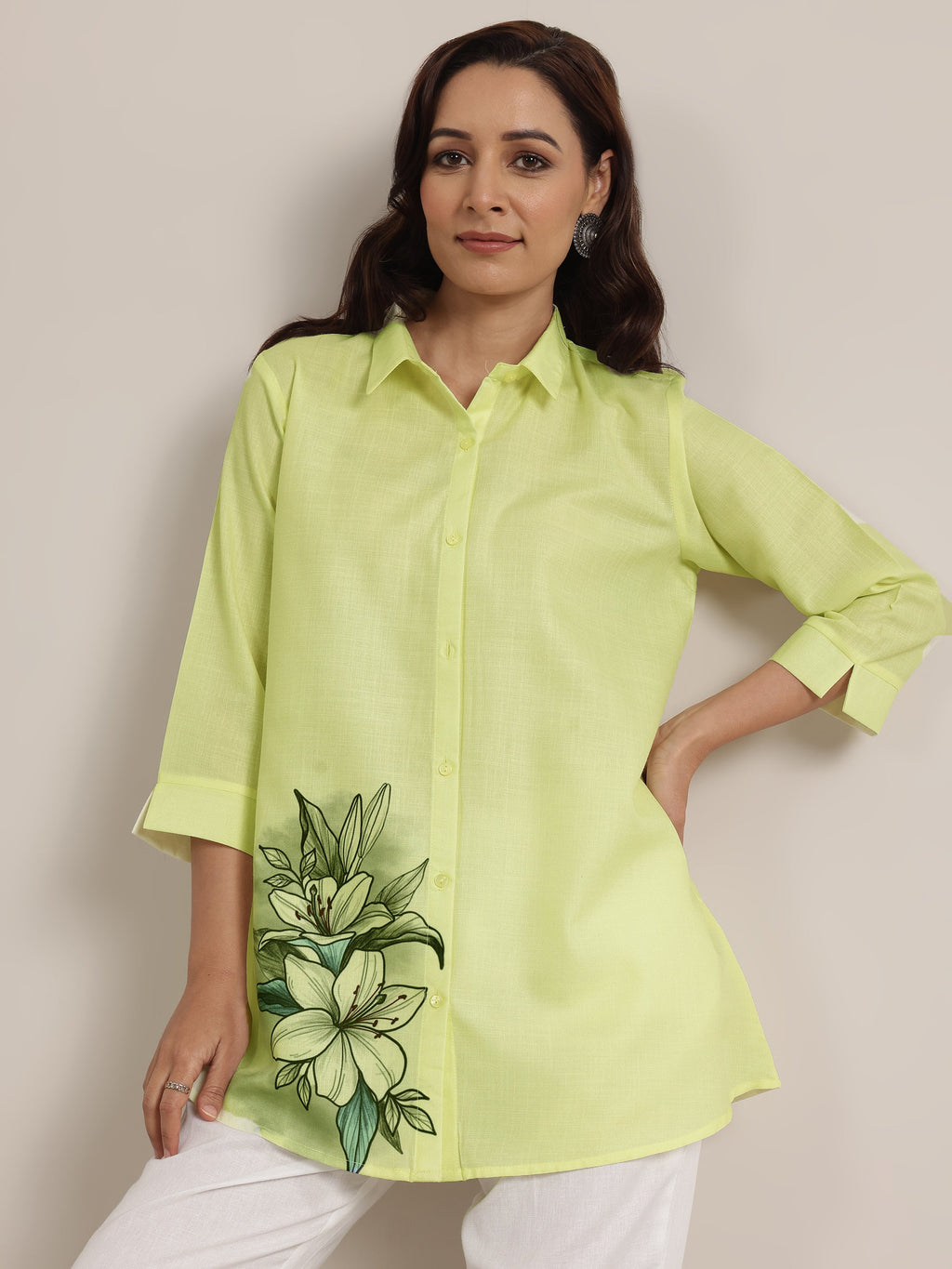 Lime Printed Cotton Blend Straight Short Kurti