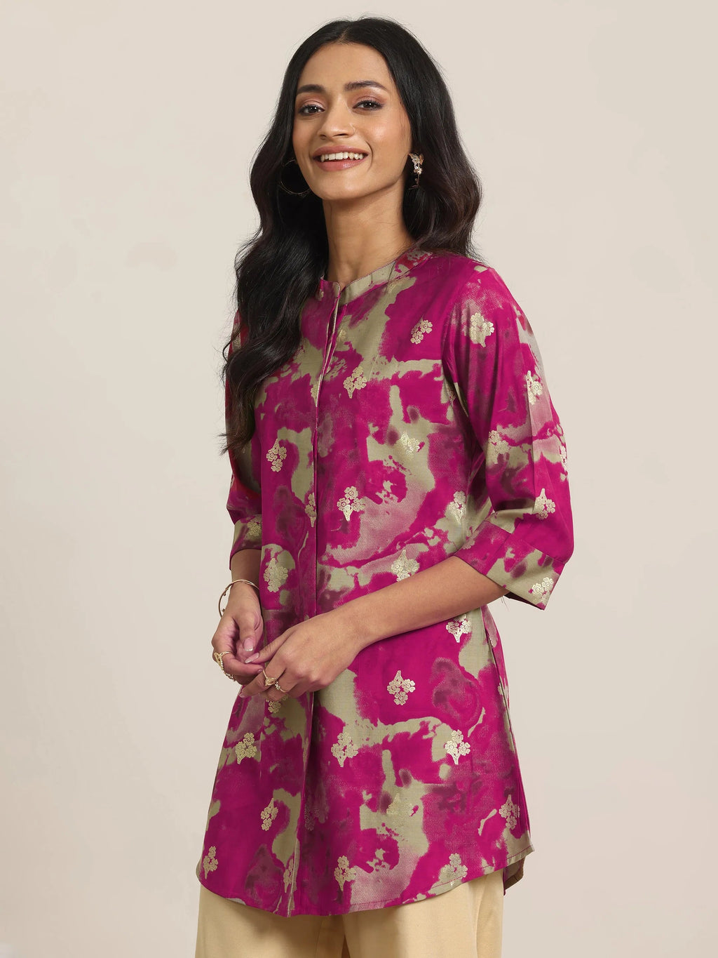 Pink Printed Silk Blend Straight Short Kurti