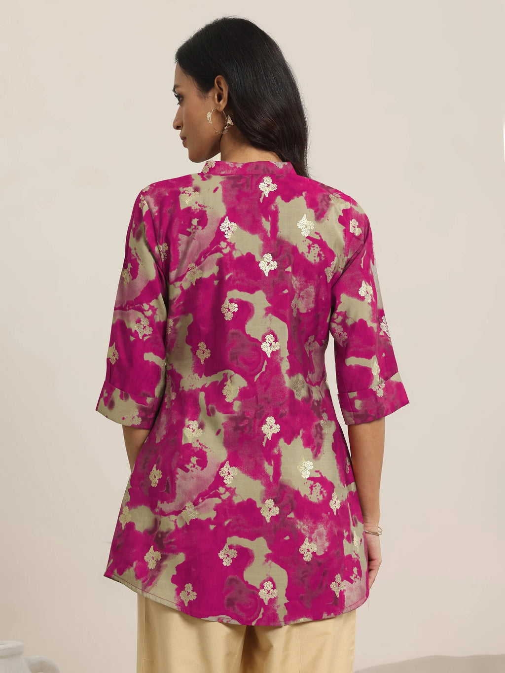 Pink Printed Silk Blend Straight Short Kurti