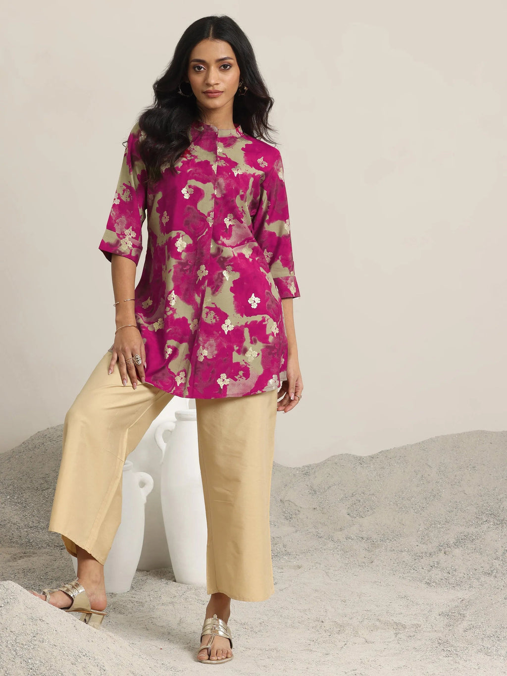 Pink Printed Silk Blend Straight Short Kurti
