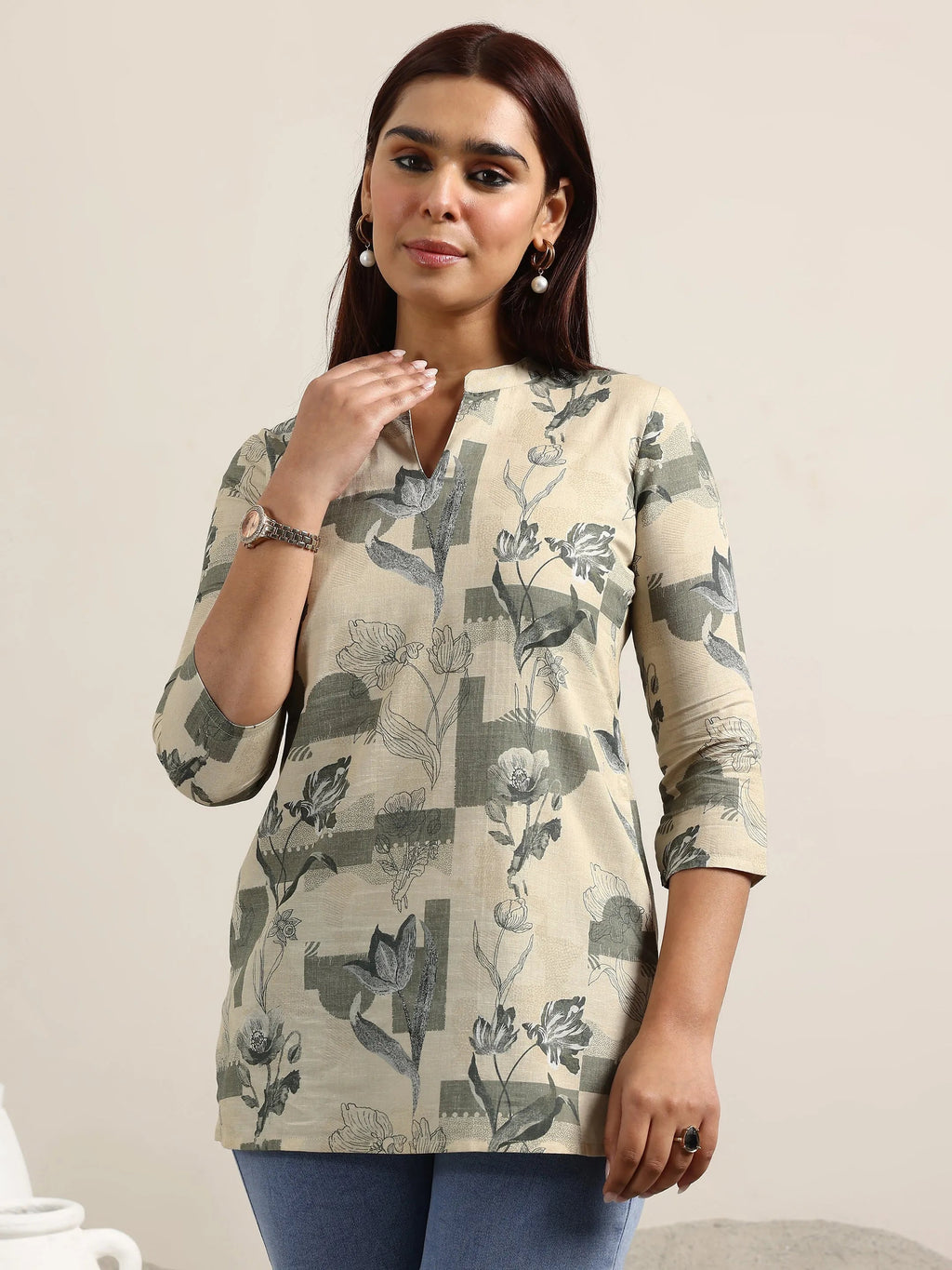 Beige Printed Cotton Blend Straight Kurti